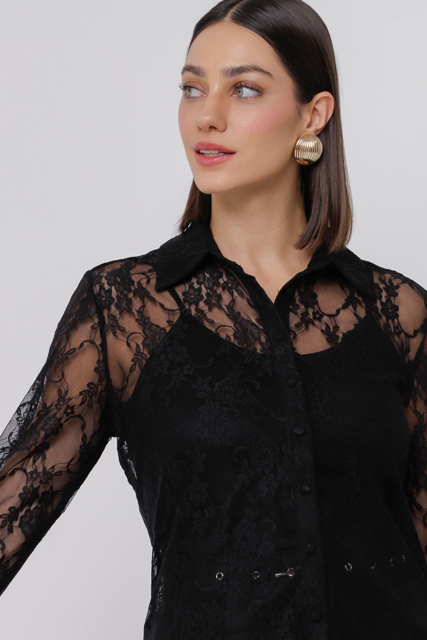 9035138 - Camisa Renda com Botões PRETO 9035138 - Camisa Renda com Botões PRETO