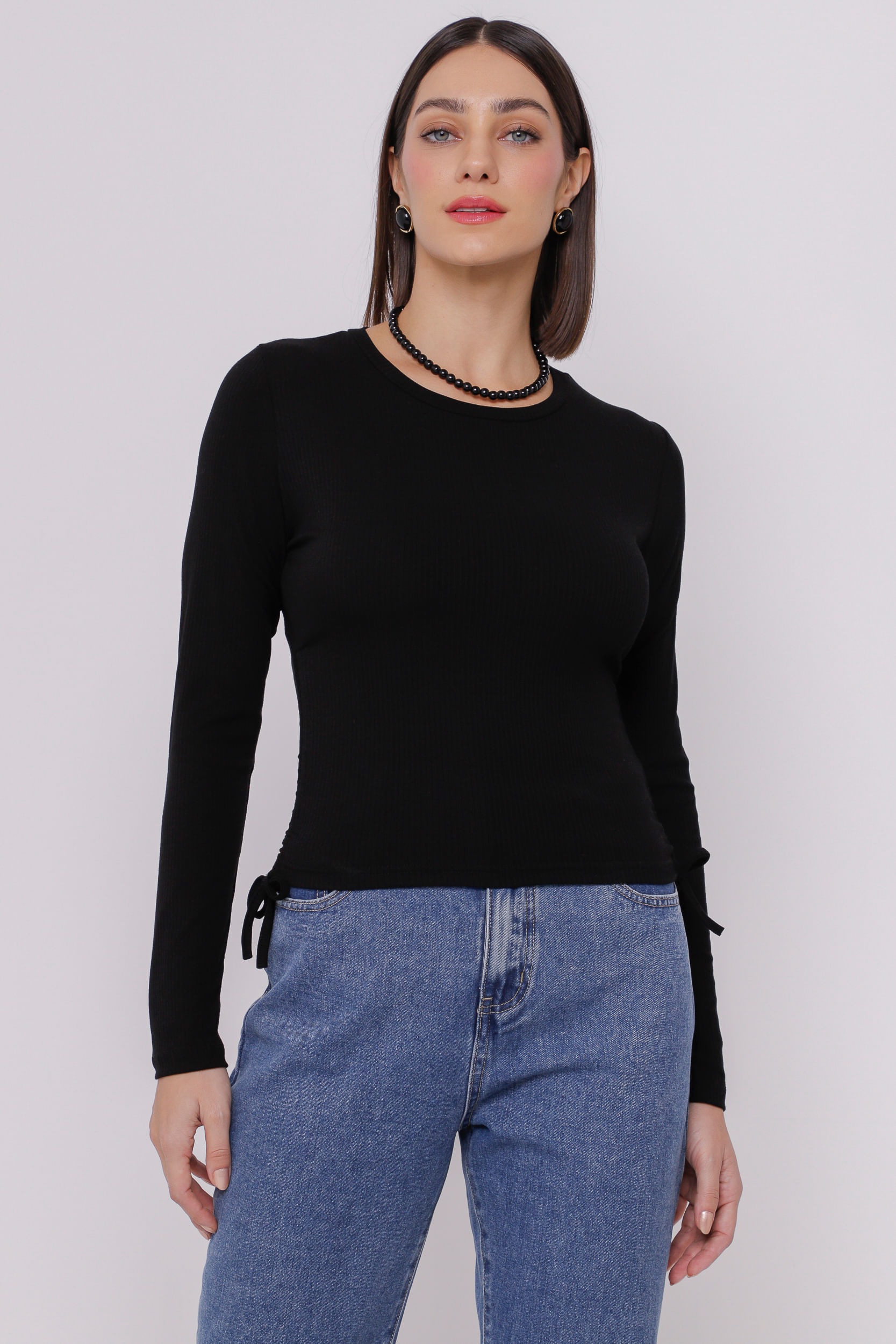 9034259 - Blusa Malha Canelada Franzido Lateral   PRETO