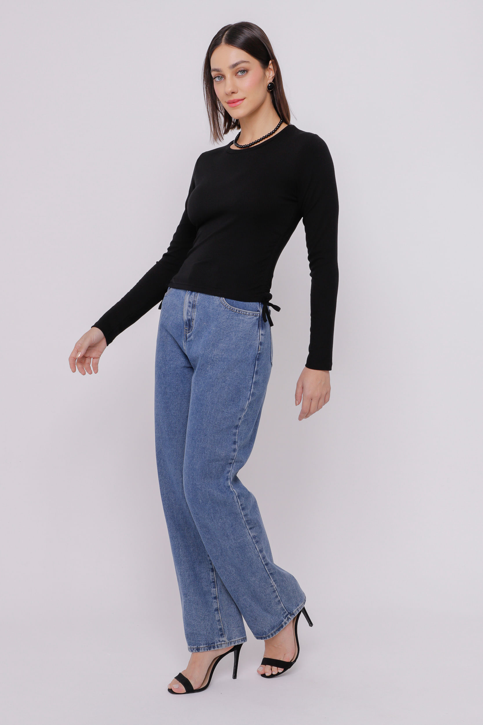 9034259 - Blusa Malha Canelada Franzido Lateral PRETO 9034259 - Blusa Malha Canelada Franzido Lateral PRETO