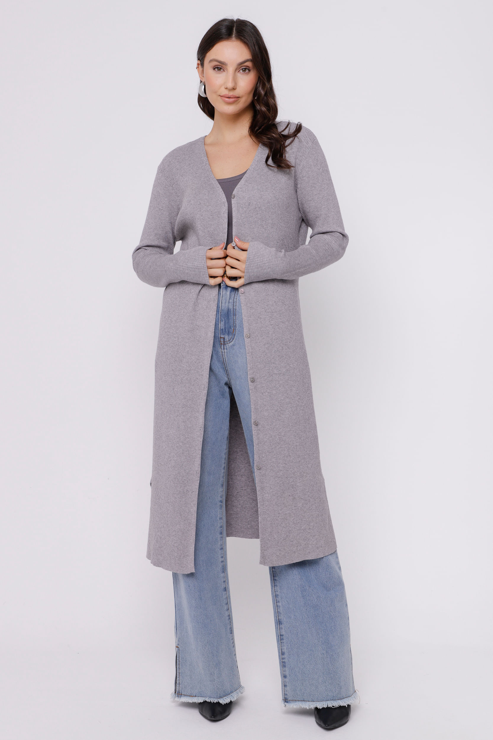 9035020 - Cardigan Longo de Tricot CINZA