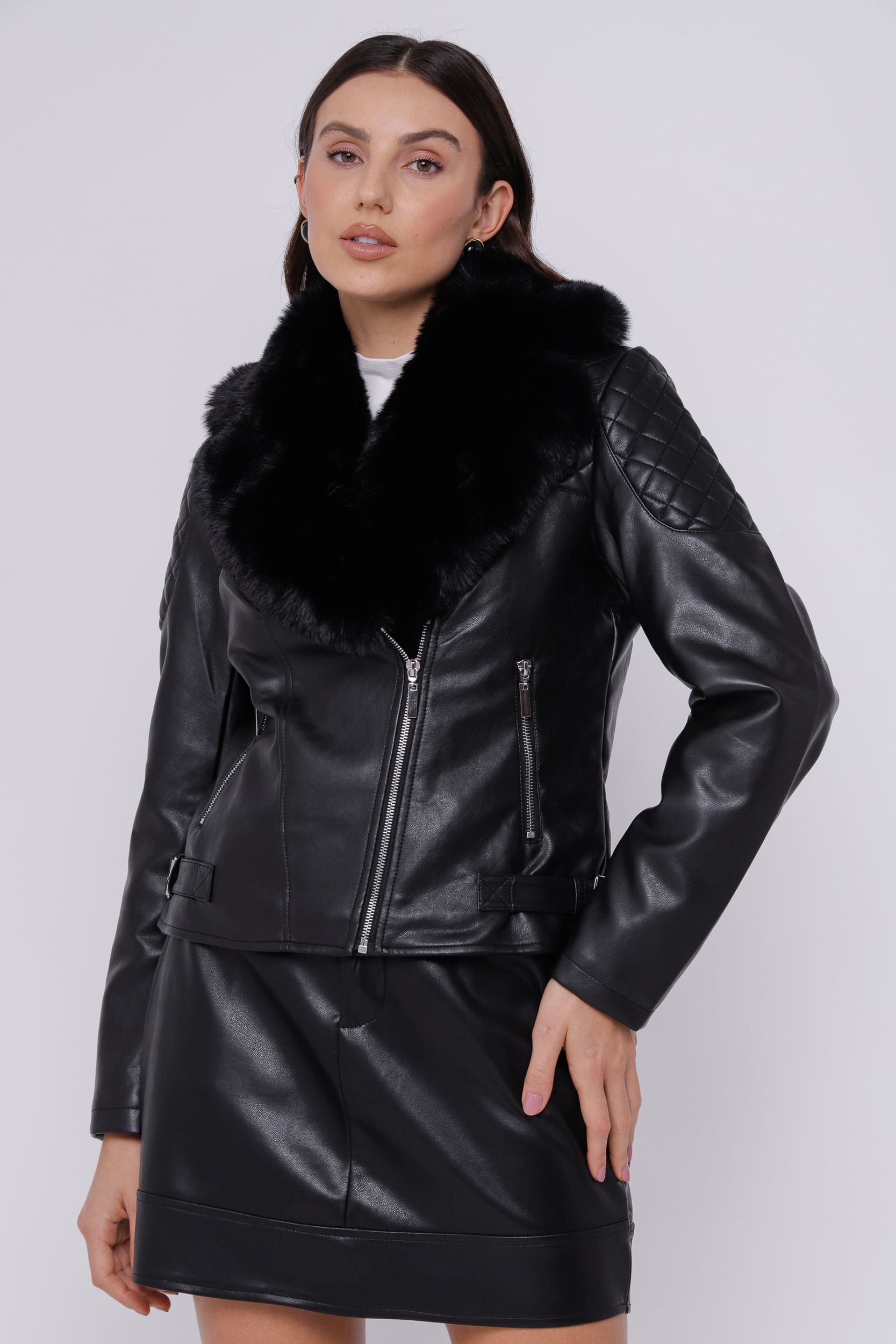 Jaqueta Biker PU Forrada Pelo   PRETO