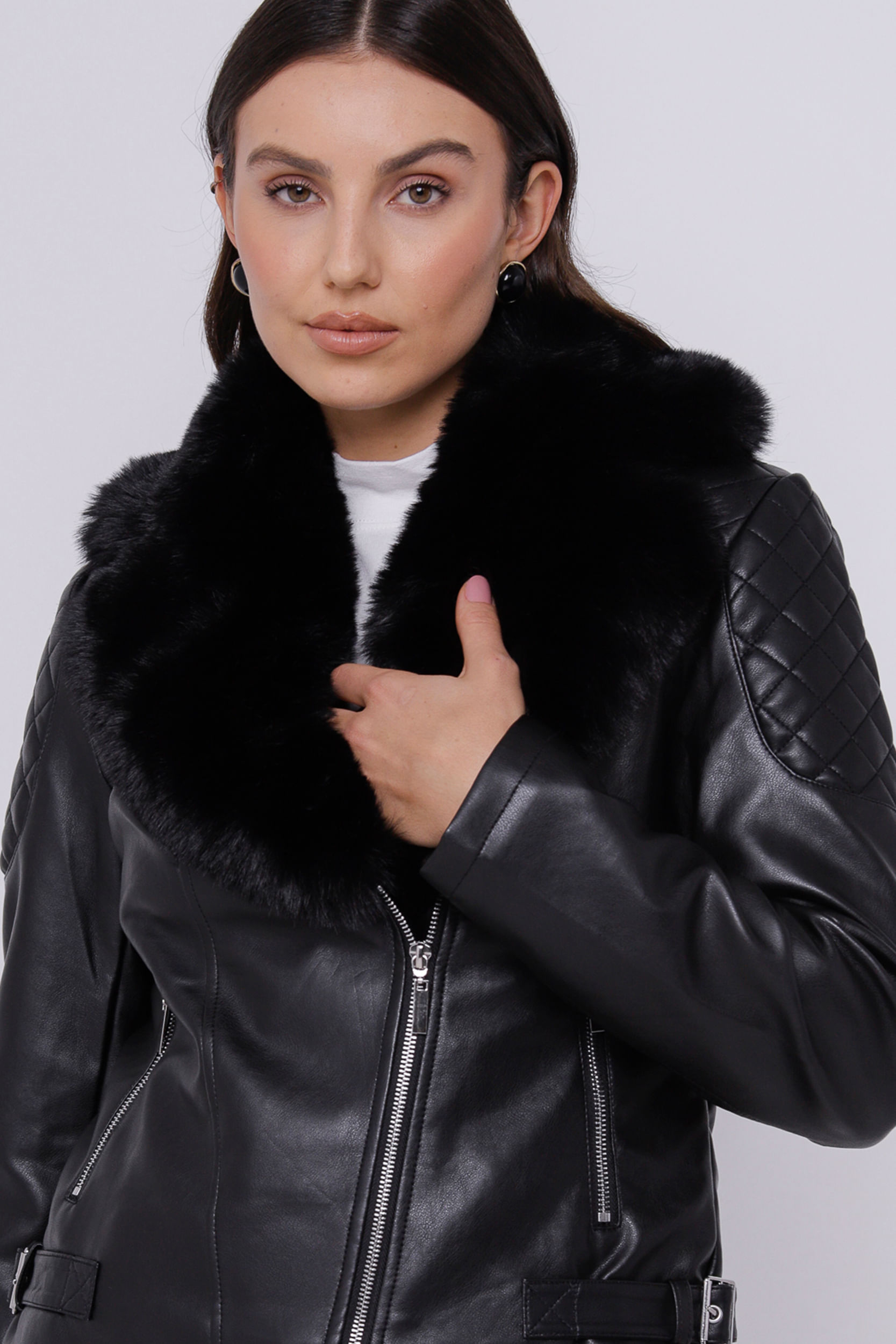 Jaqueta Biker PU Forrada Pelo PRETO Jaqueta Biker PU Forrada Pelo PRETO