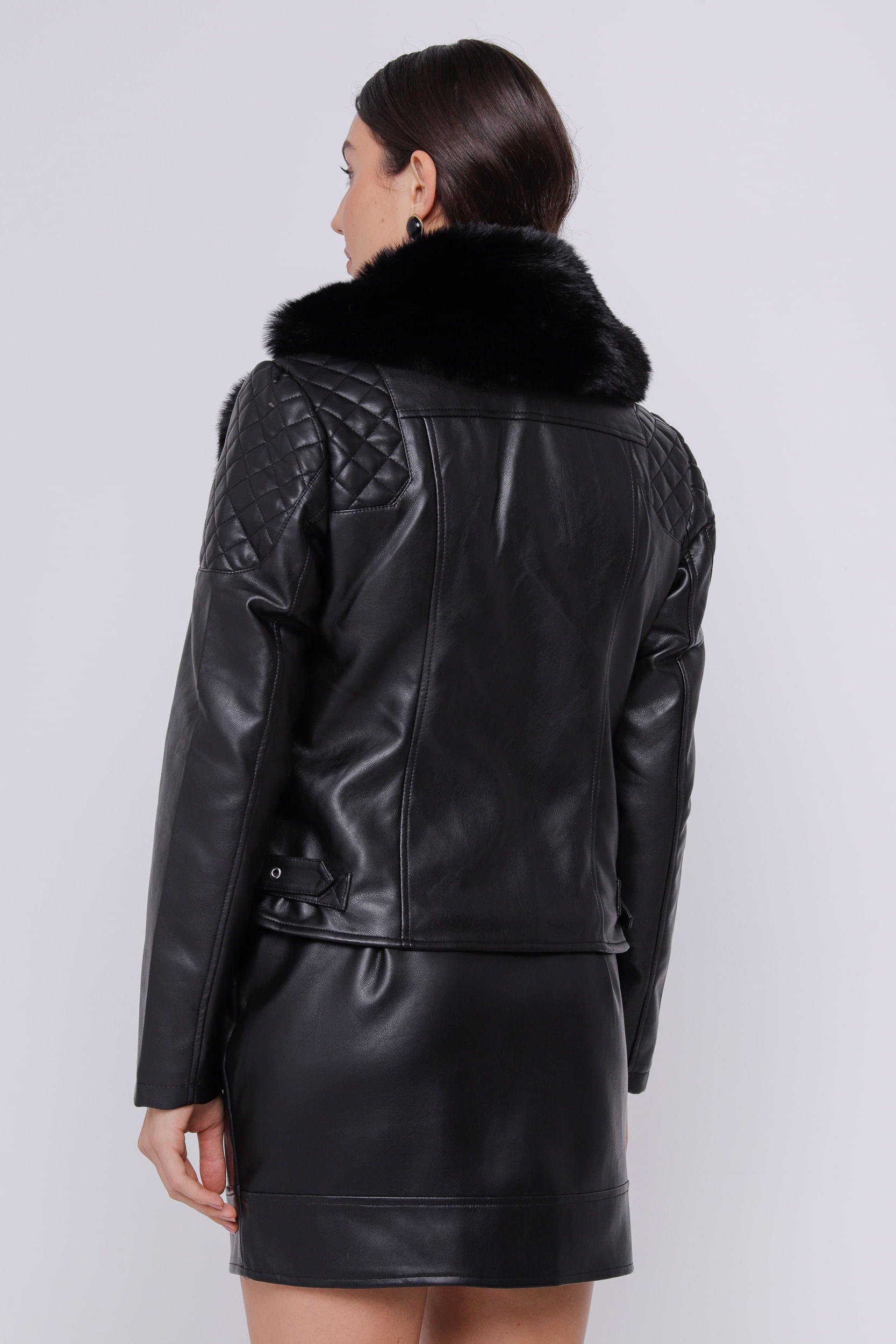 Jaqueta Biker PU Forrada Pelo PRETO Jaqueta Biker PU Forrada Pelo PRETO