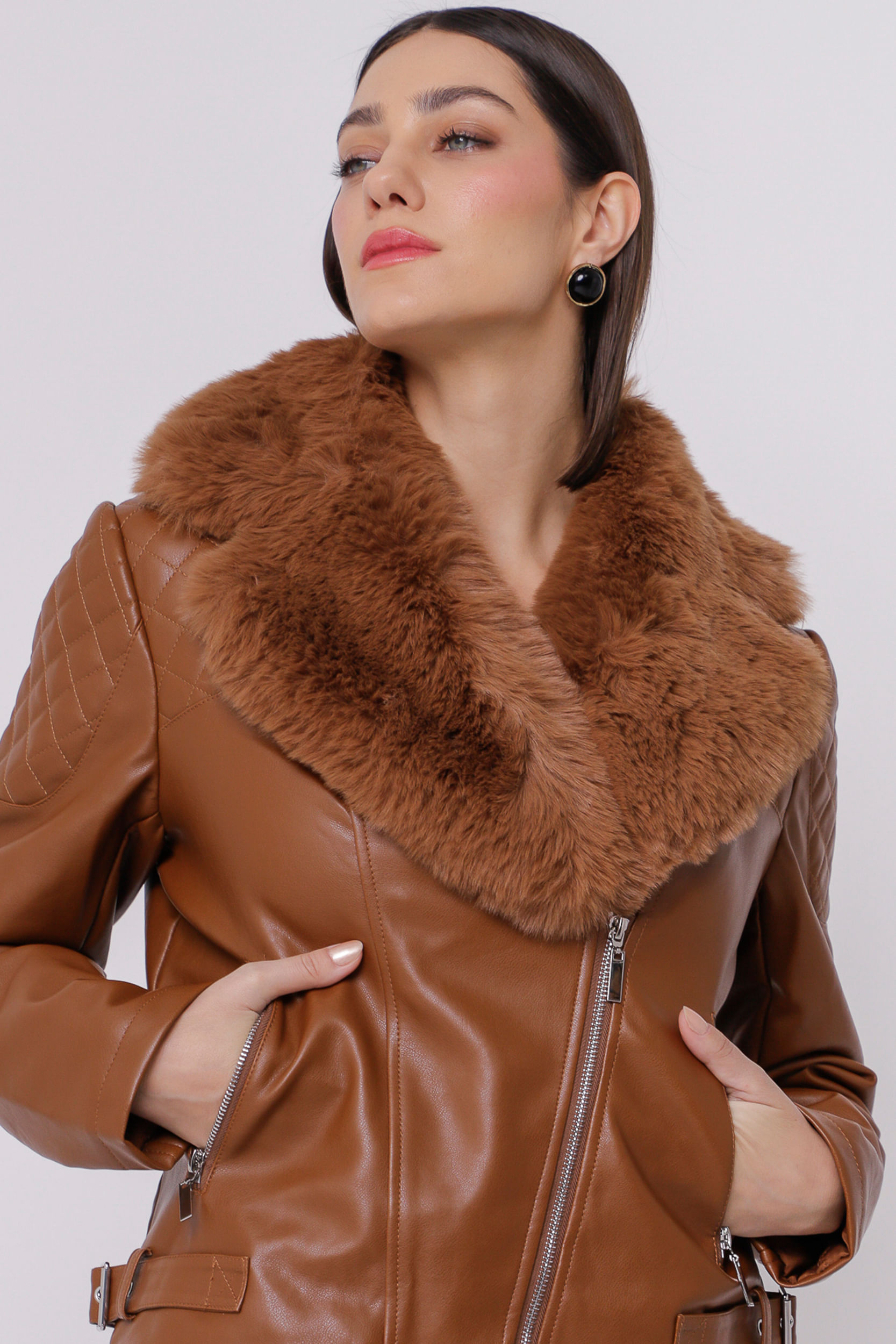 Jaqueta Biker PU Forrada Pelo MARROM Jaqueta Biker PU Forrada Pelo MARROM