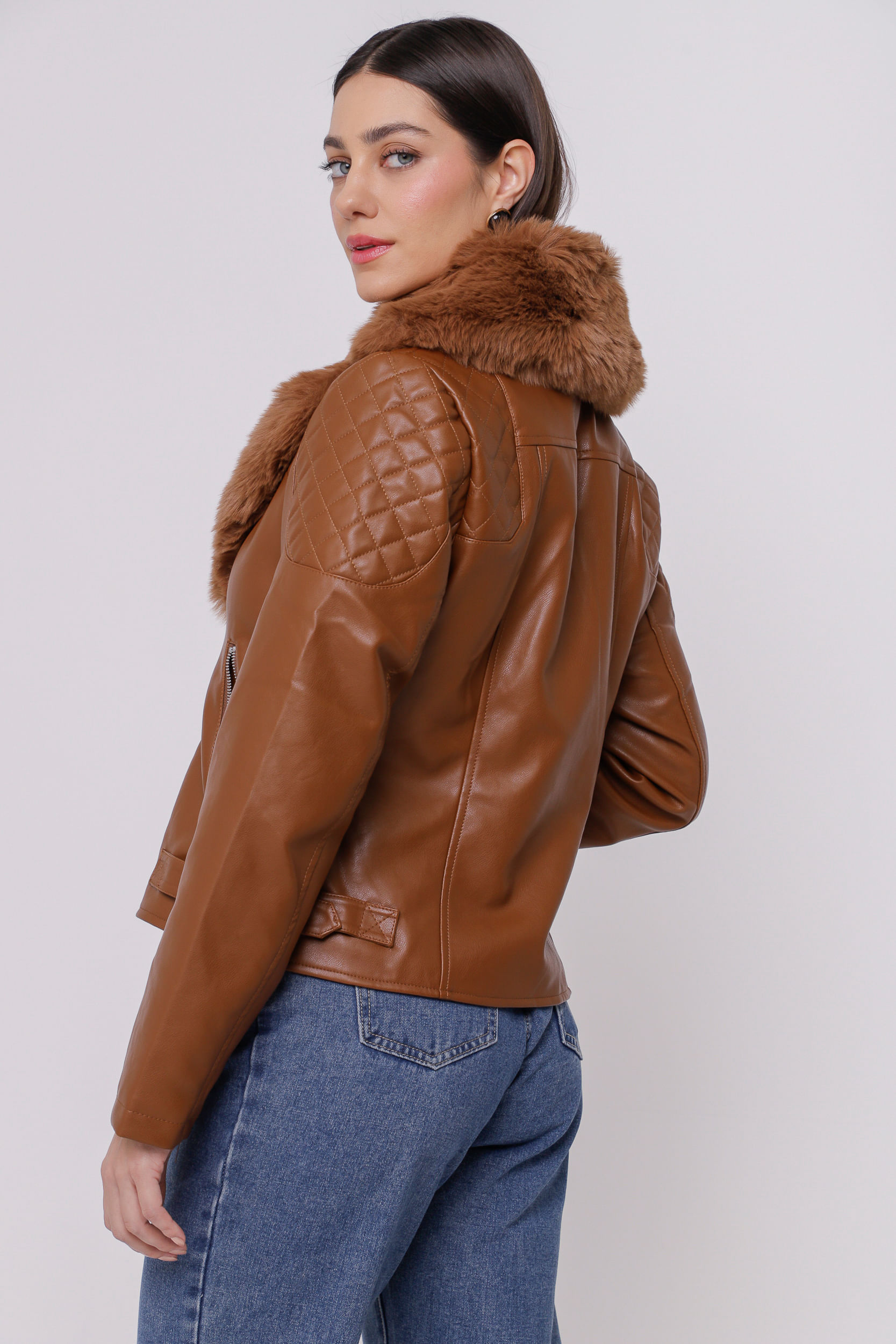 Jaqueta Biker PU Forrada Pelo MARROM Jaqueta Biker PU Forrada Pelo MARROM