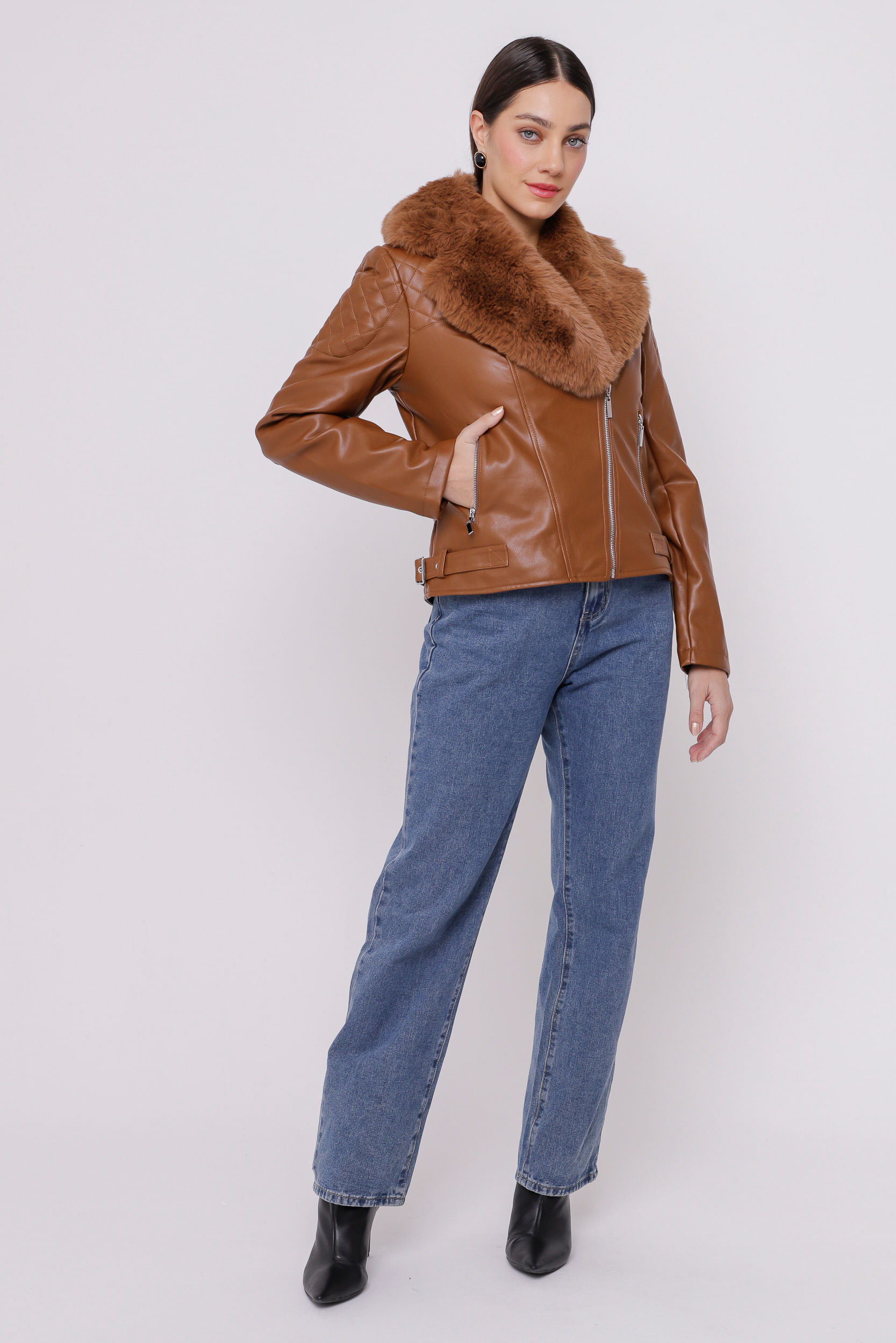 Jaqueta Biker PU Forrada Pelo MARROM Jaqueta Biker PU Forrada Pelo MARROM