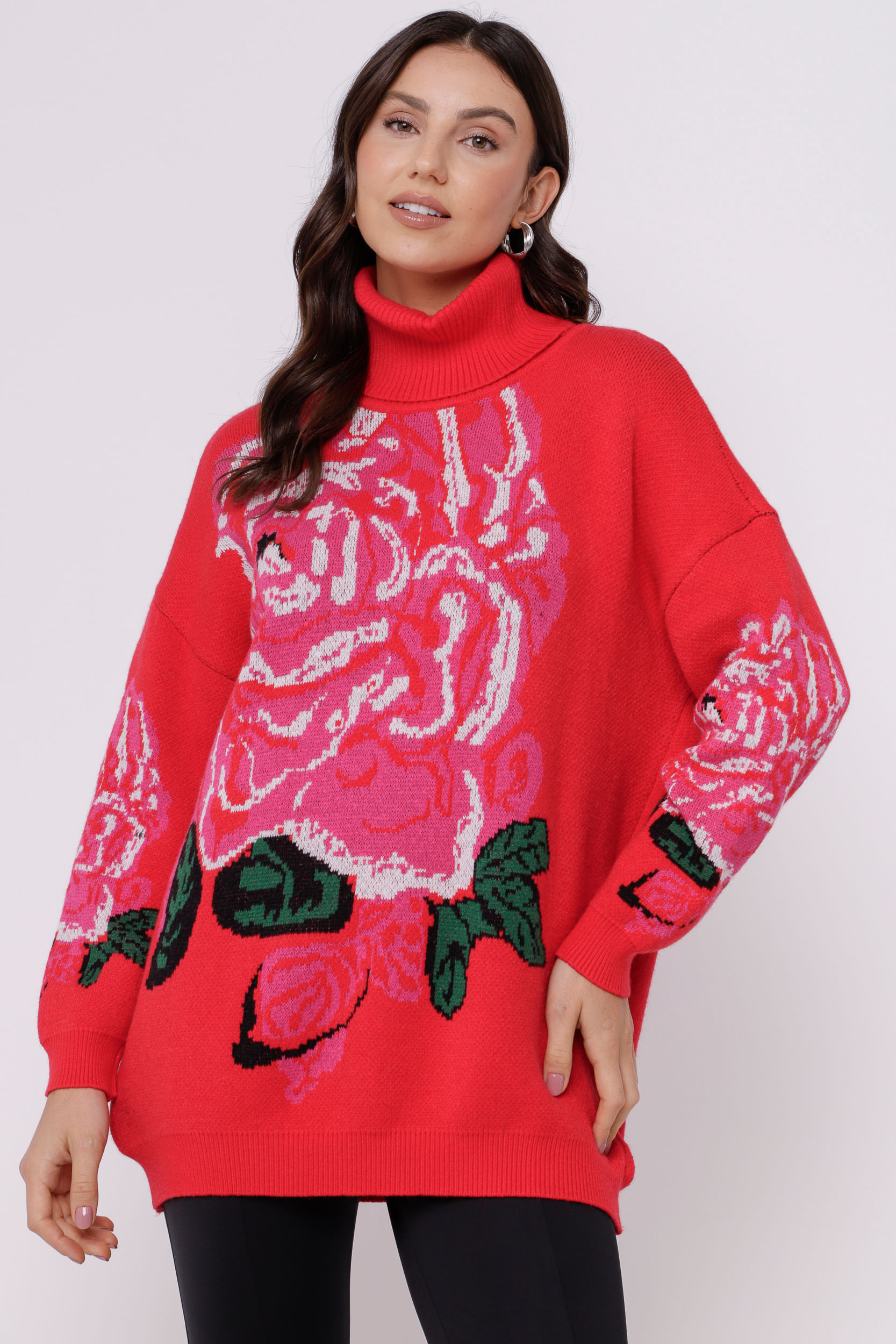 9035171 - Blusa de Tricot Rosas  VERMELHO