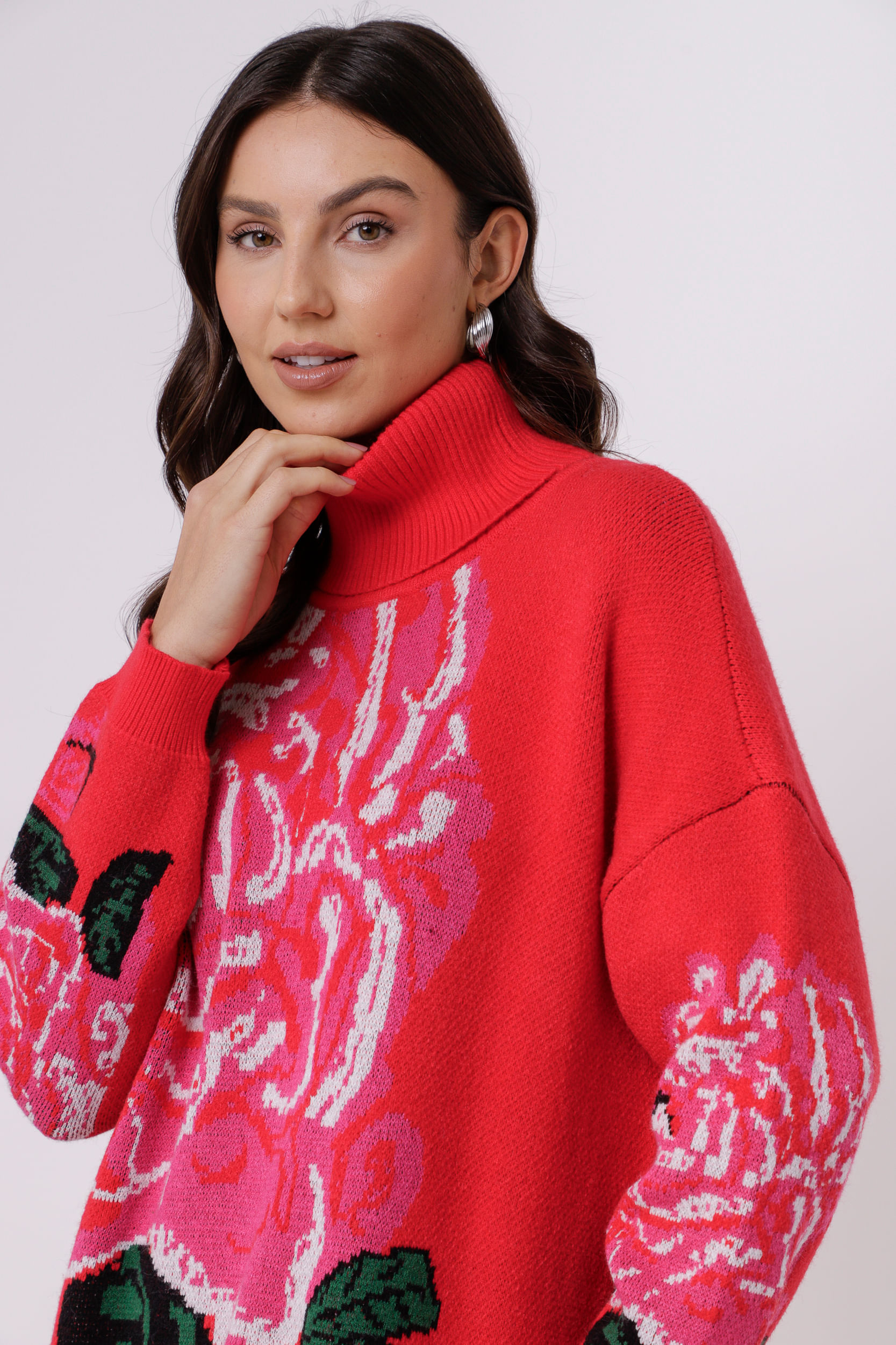 9035171 - Blusa de Tricot Rosas  VERMELHO