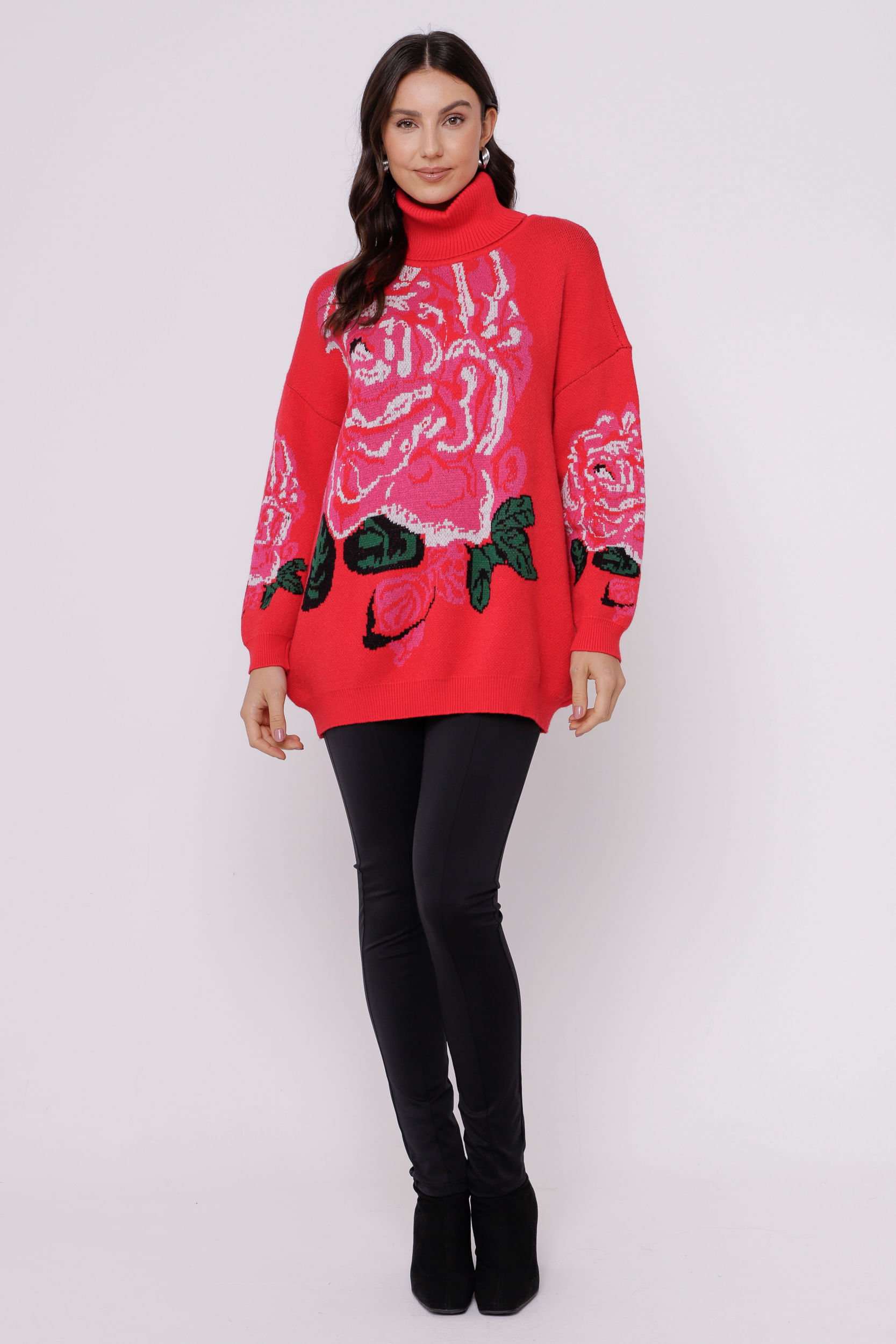 9035171 - Blusa de Tricot Rosas  VERMELHO