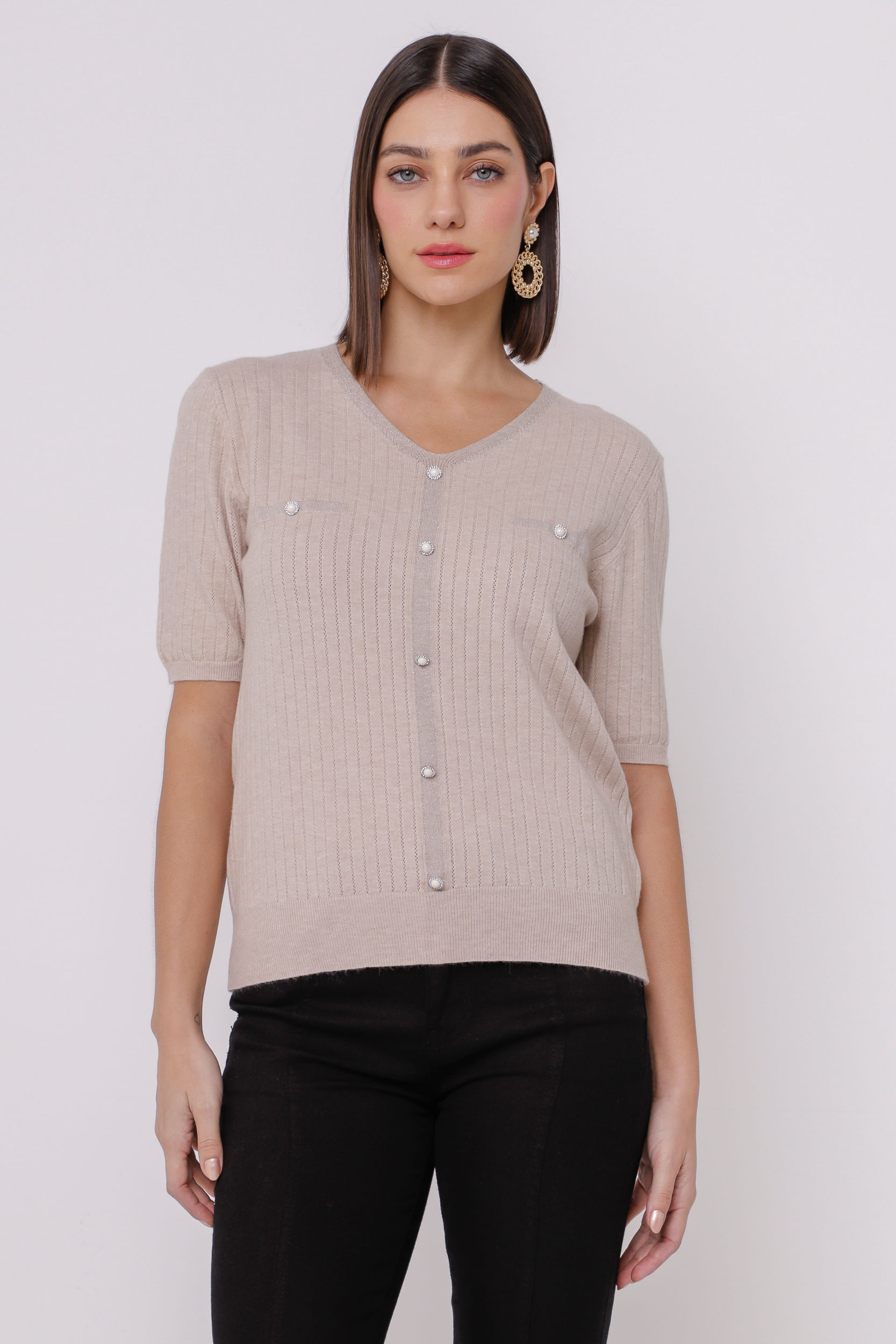 9035060 - Blusa de Tricot com Botões  AREIA