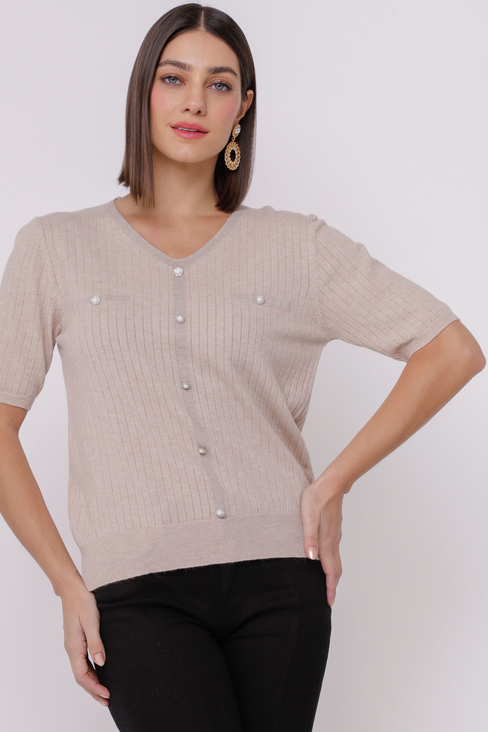 9035060 - Blusa de Tricot com Botões AREIA 9035060 - Blusa de Tricot com Botões AREIA