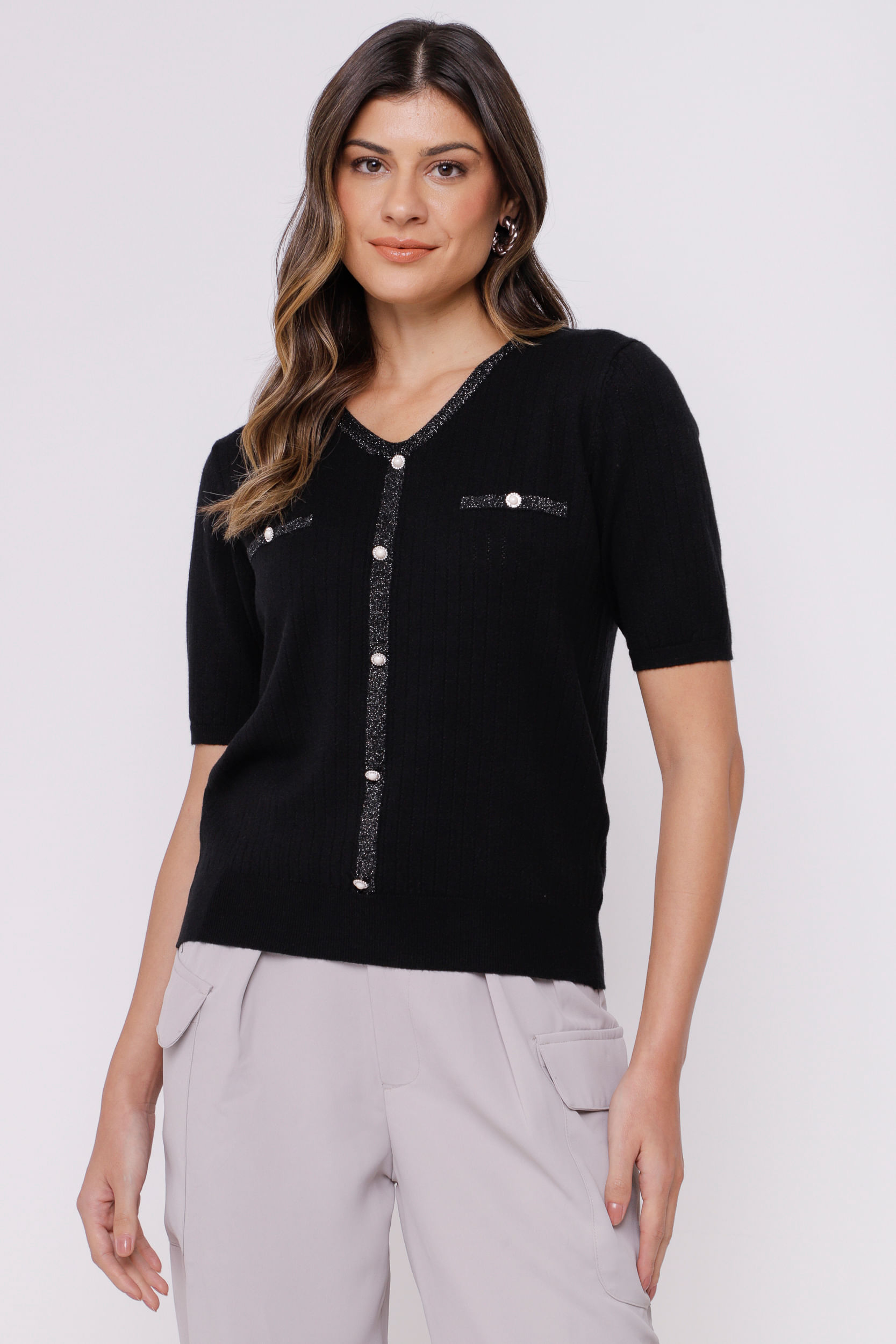 9035060 - Blusa de Tricot com Botões  PRETO