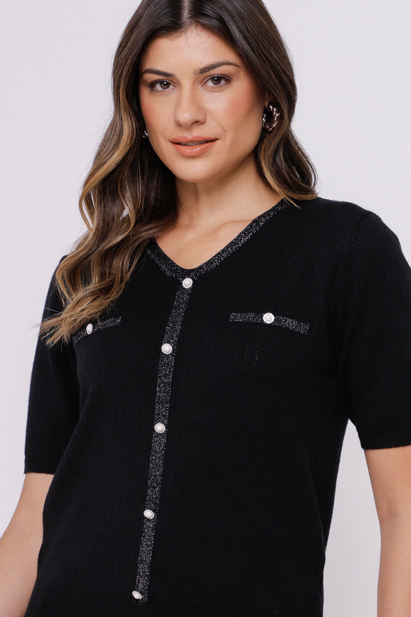 9035060 - Blusa de Tricot com Botões  PRETO