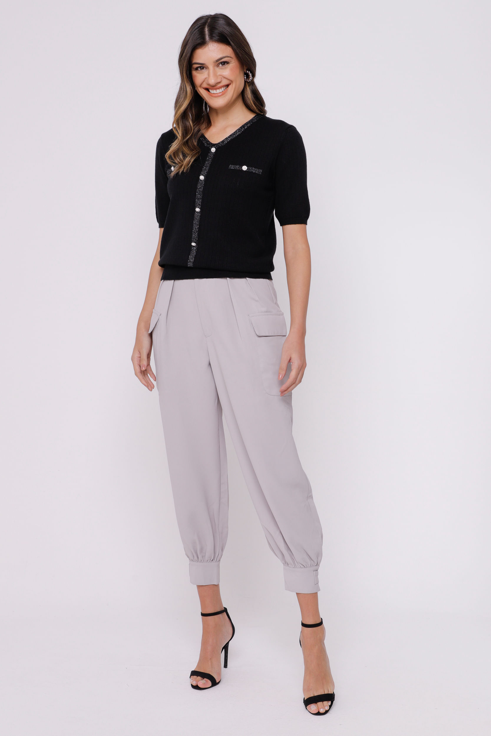 9035060 - Blusa de Tricot com Botões  PRETO