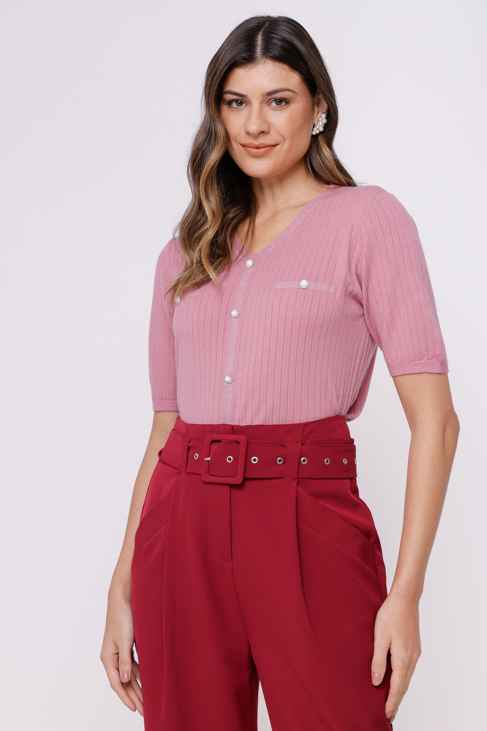 9035060 - Blusa de Tricot com Botões  ROSÊ