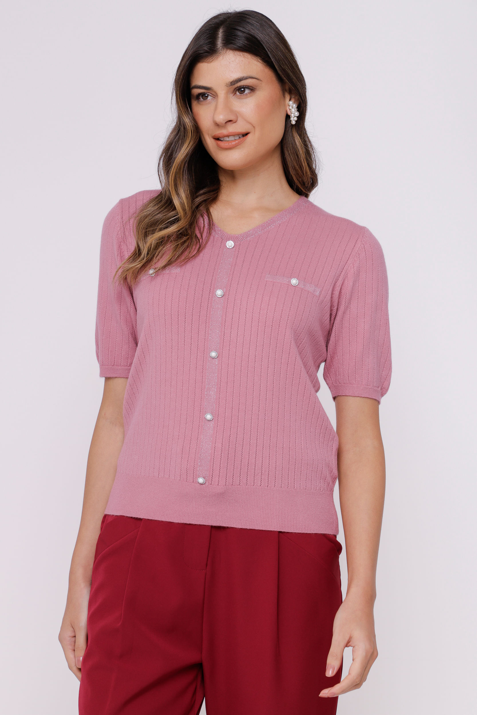 9035060 - Blusa de Tricot com Botões  ROSÊ
