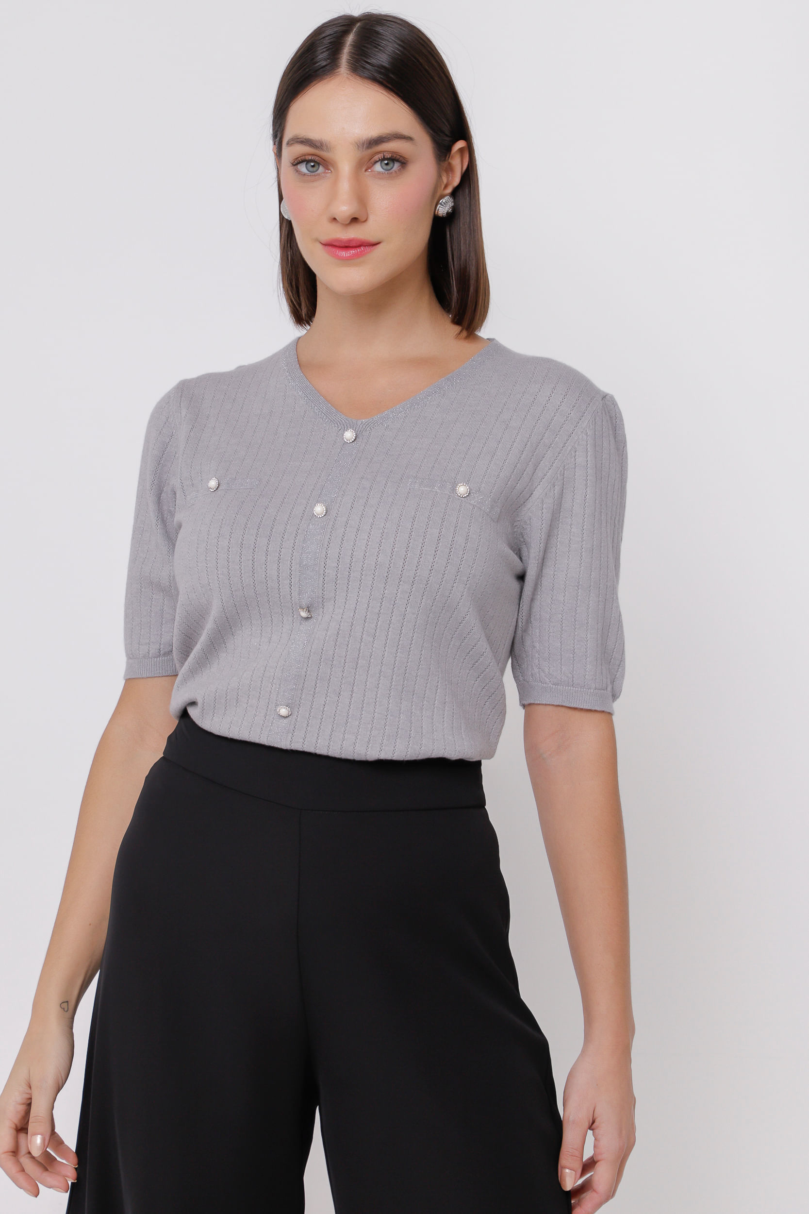 9035060 - Blusa de Tricot com Botões  MESCLA