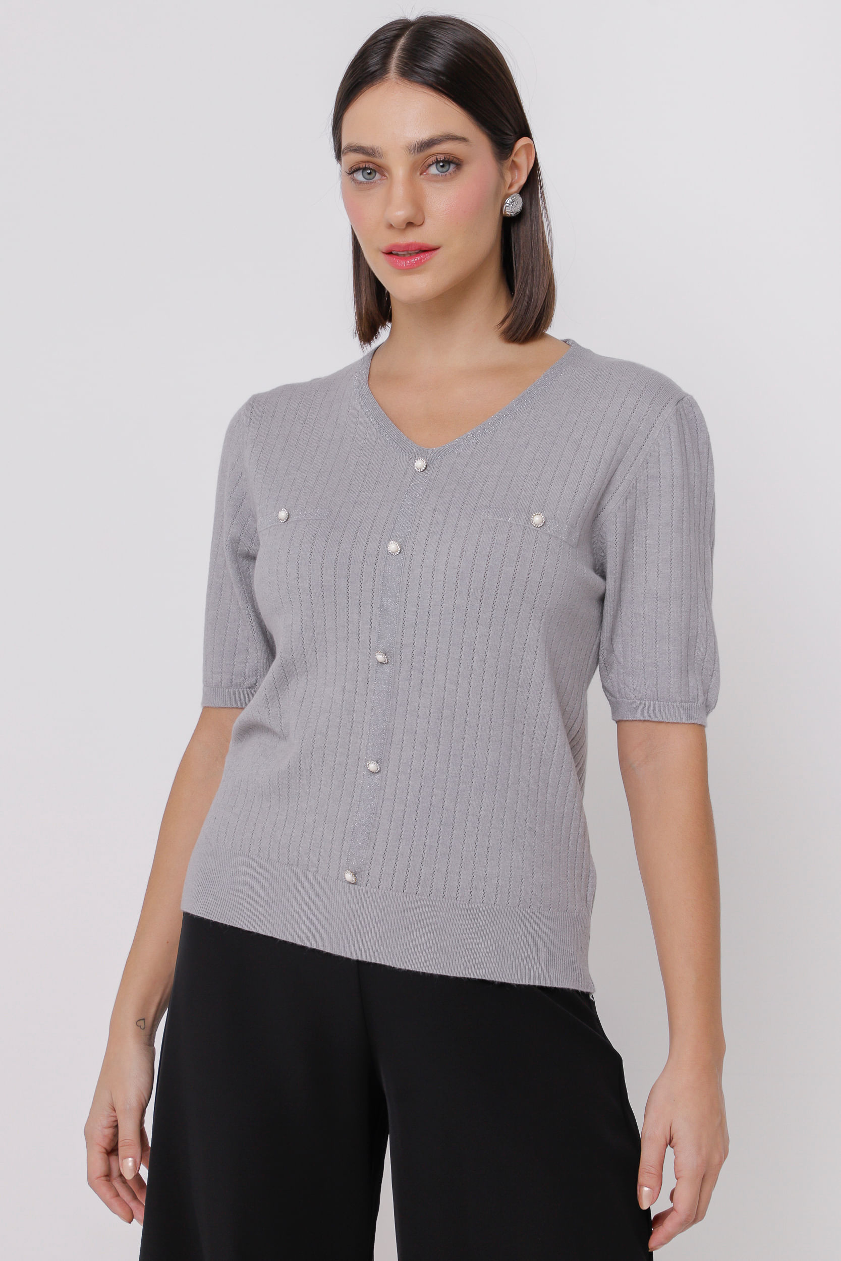 9035060 - Blusa de Tricot com Botões MESCLA 9035060 - Blusa de Tricot com Botões MESCLA