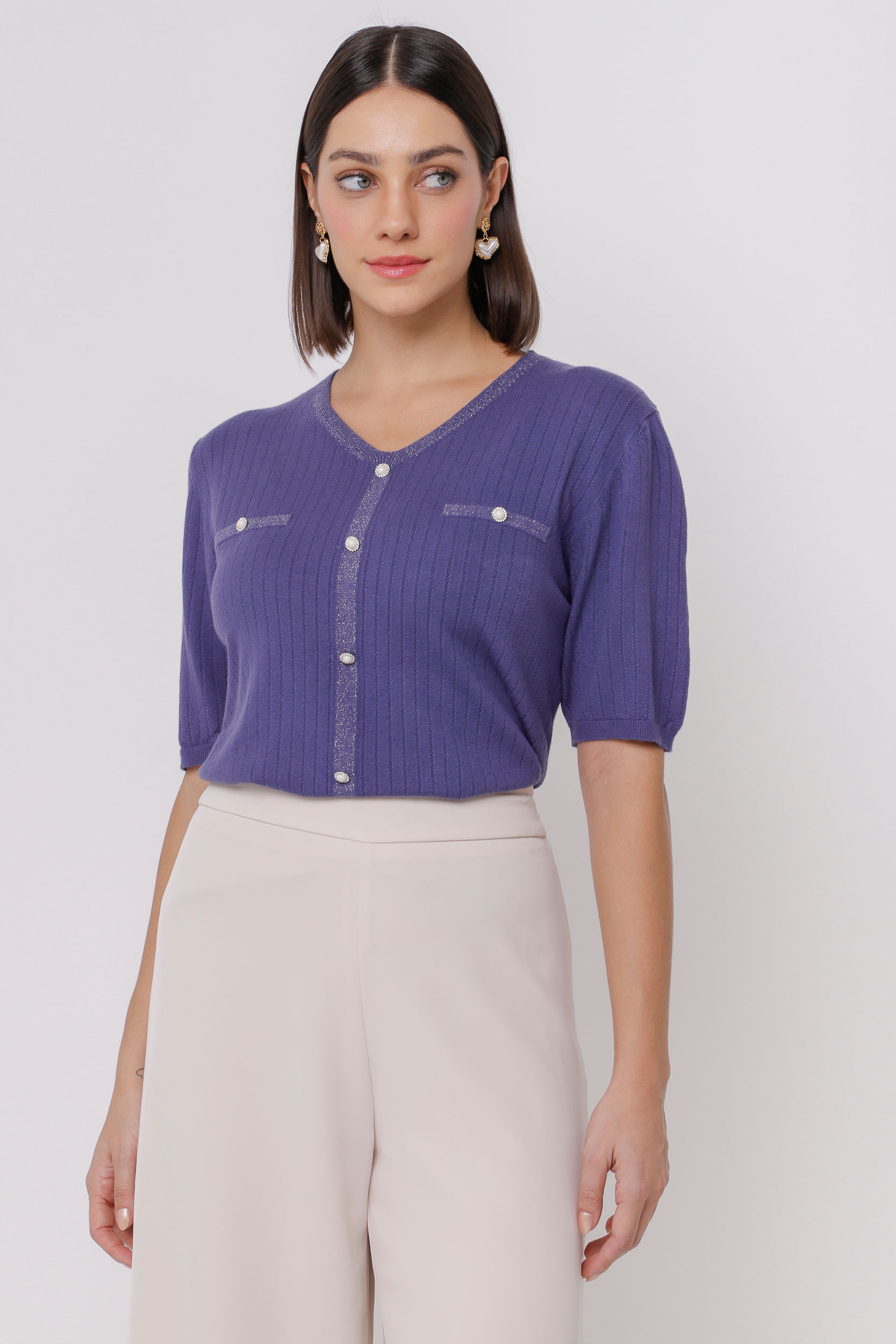 9035060 - Blusa de Tricot com Botões  ROXO 