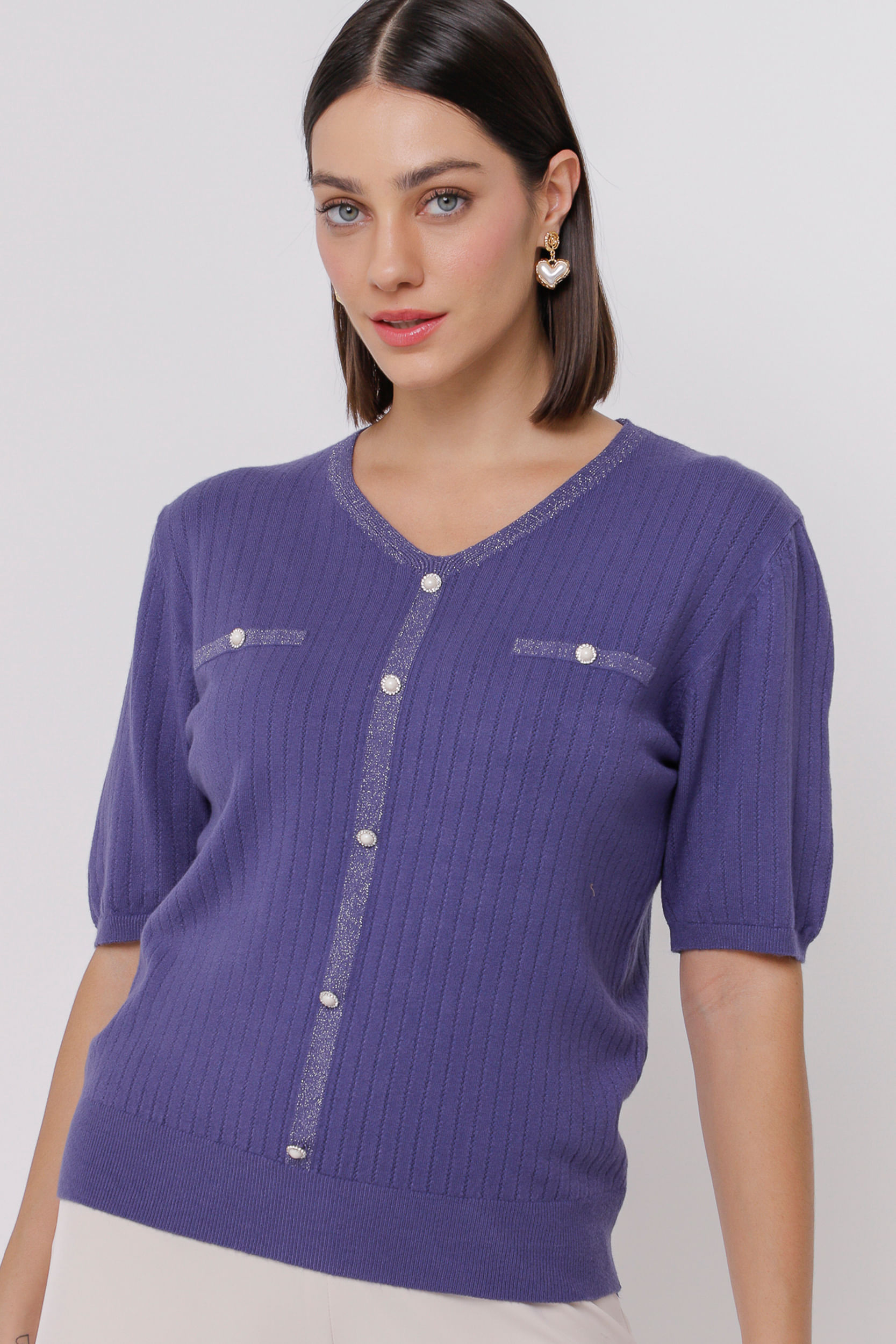 9035060 - Blusa de Tricot com Botões ROXO 9035060 - Blusa de Tricot com Botões ROXO