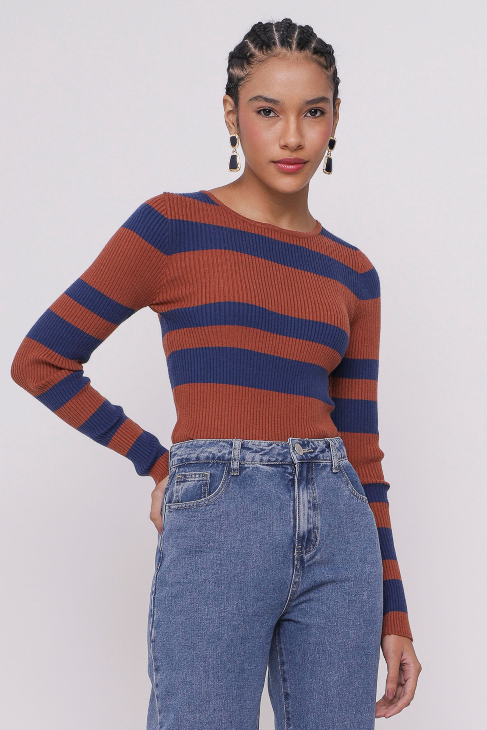9035169 - Blusa de Tricô Básica com Listras MARROM