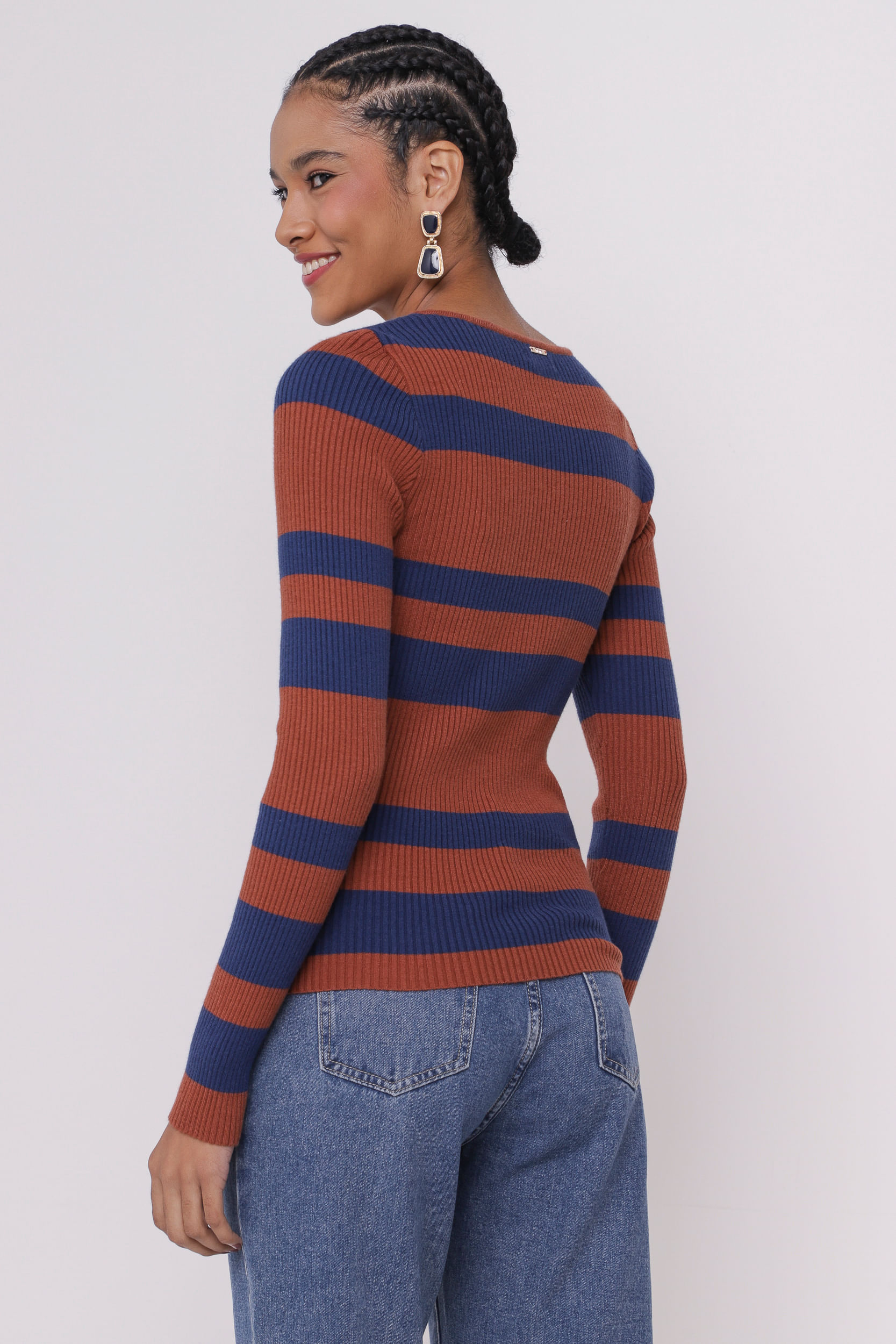9035169 - Blusa de Tricô Básica com Listras MARROM 9035169 - Blusa de Tricô Básica com Listras MARROM