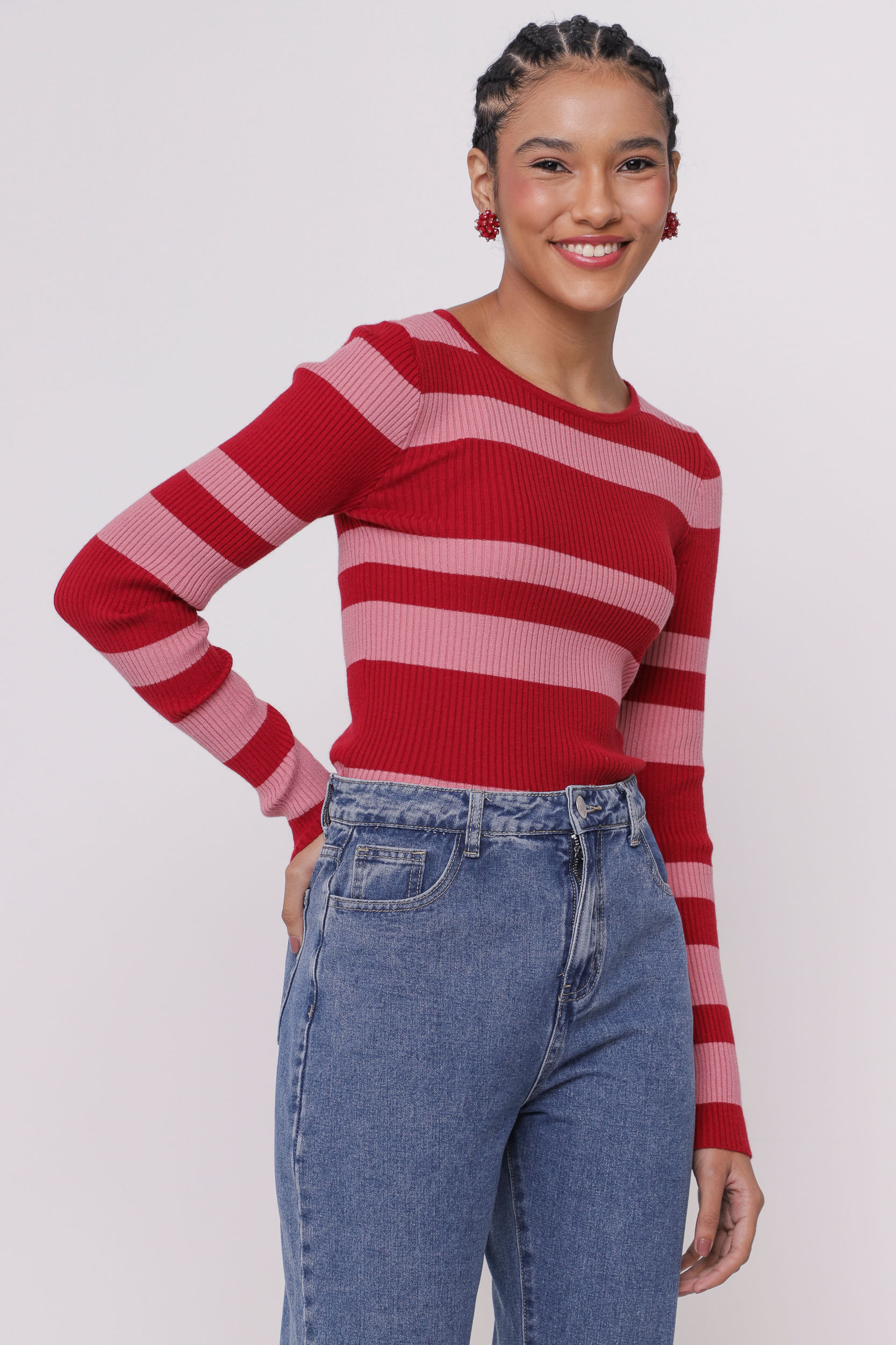 9035169 - Blusa de Tricô Básica com Listras VINHO