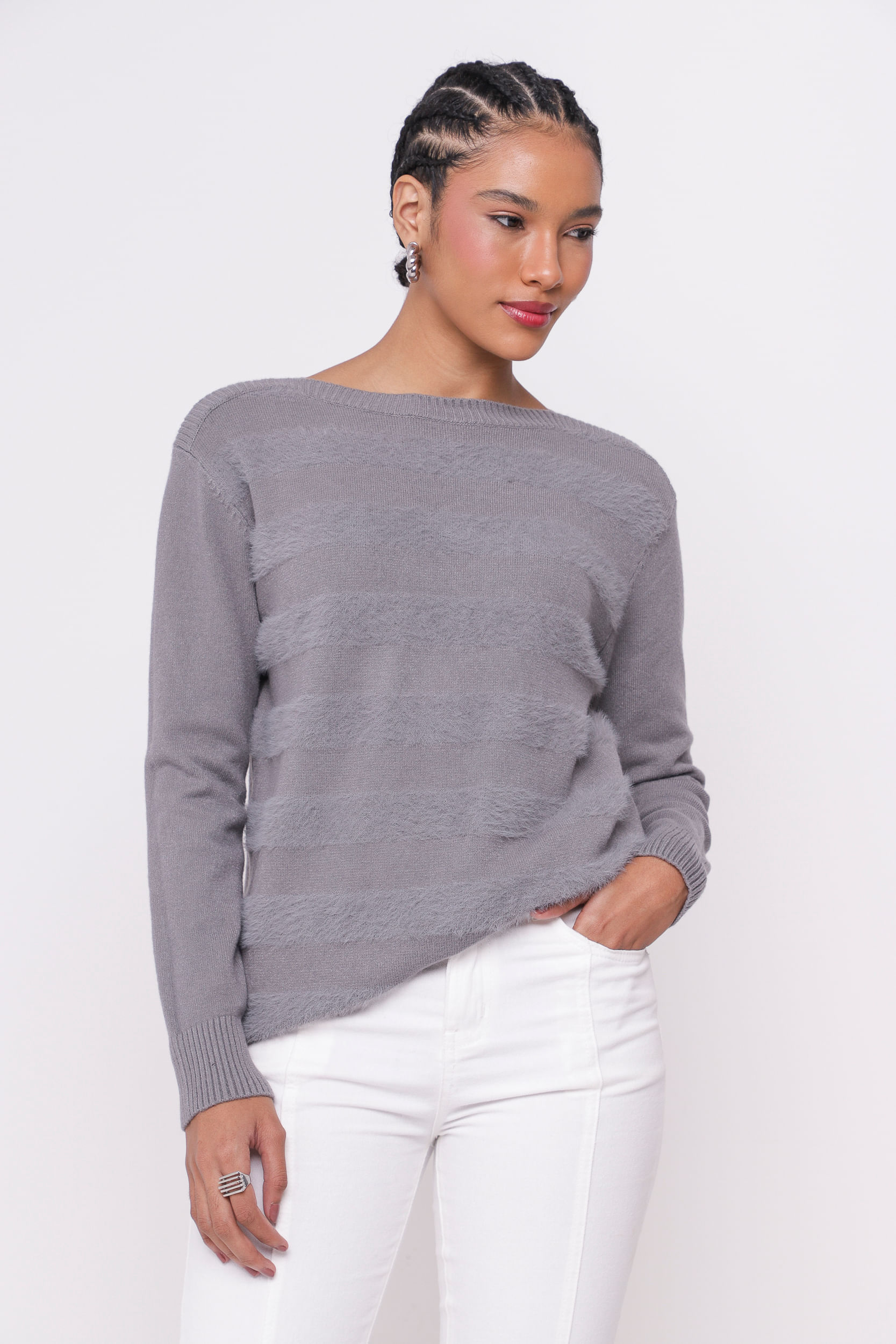 9035037 - Blusa Tricô Listras Flocada  CINZA