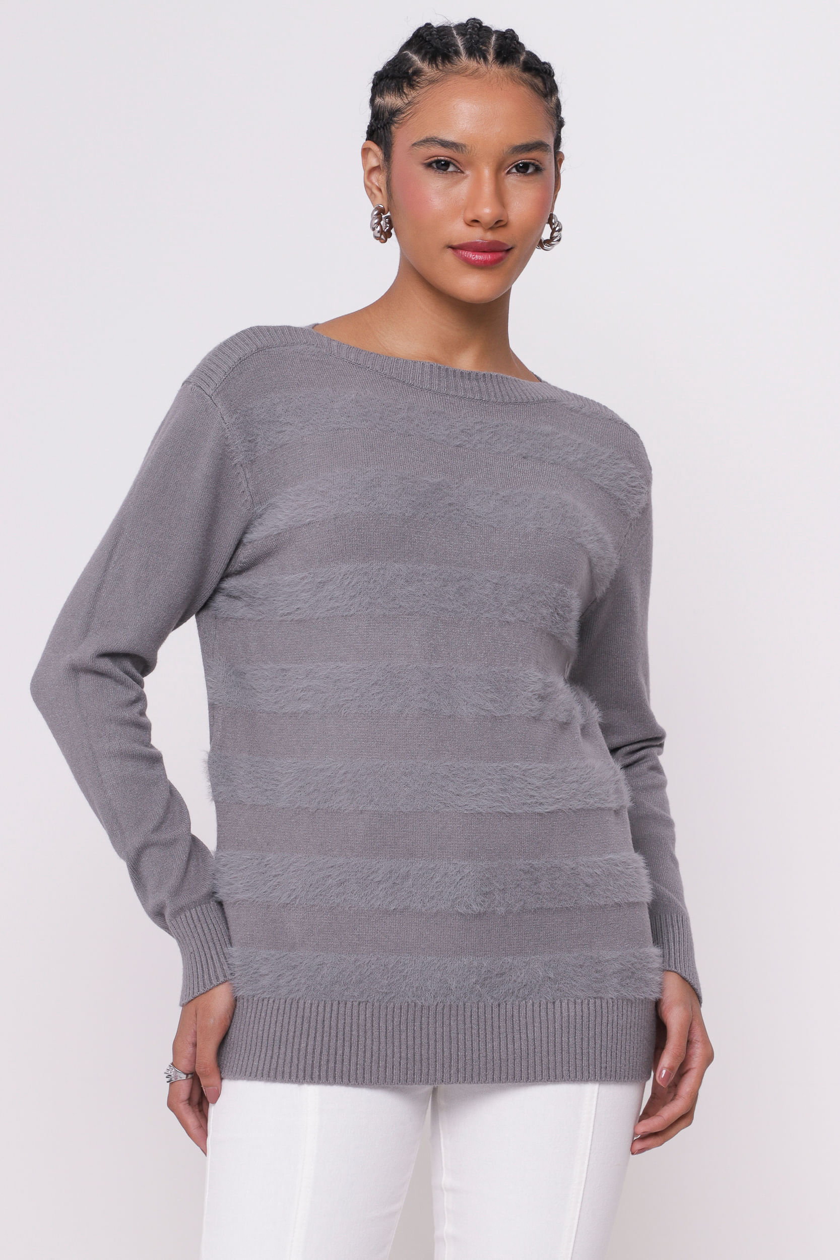 9035037 - Blusa Tricô Listras Flocada CINZA 9035037 - Blusa Tricô Listras Flocada CINZA