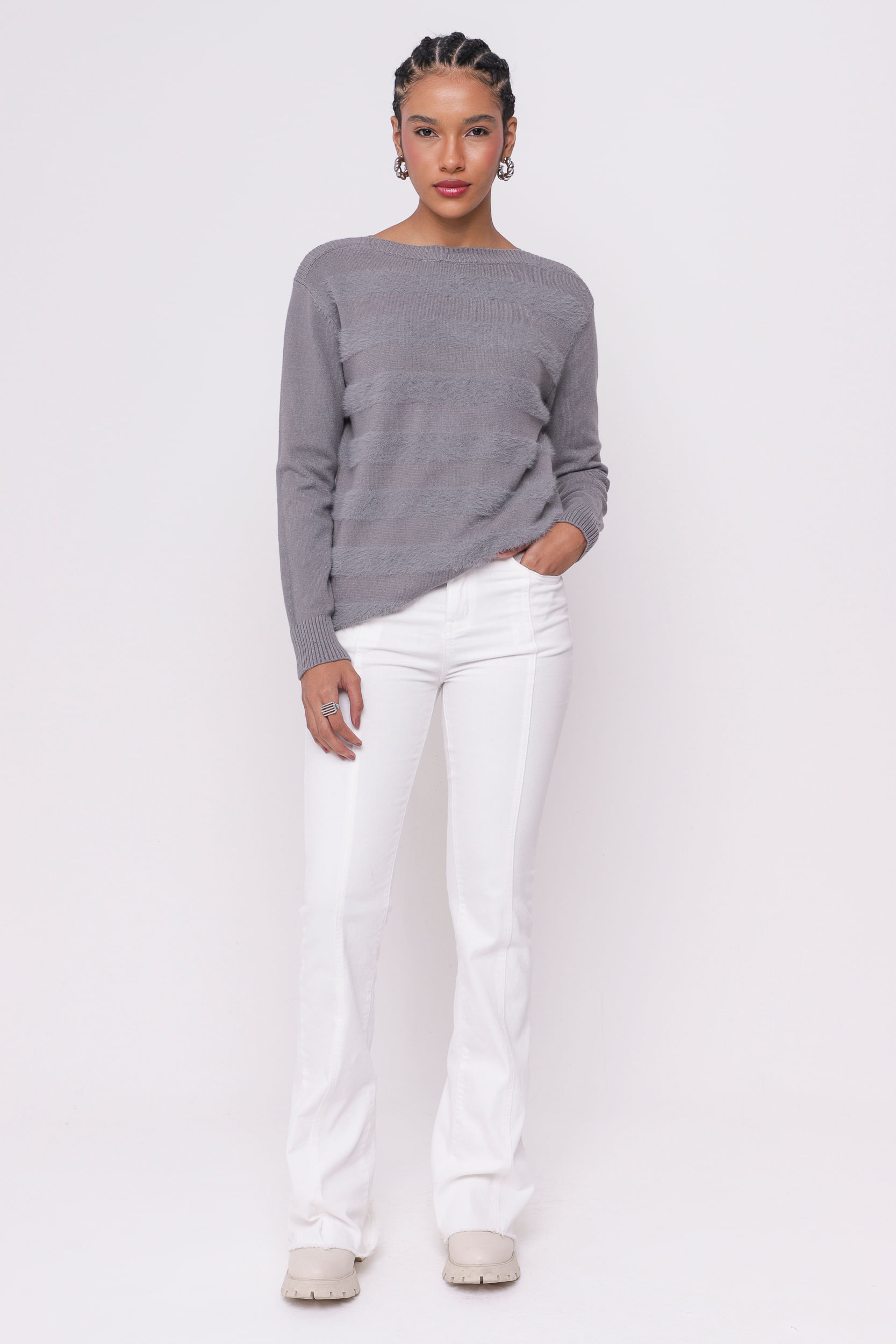9035037 - Blusa Tricô Listras Flocada CINZA 9035037 - Blusa Tricô Listras Flocada CINZA
