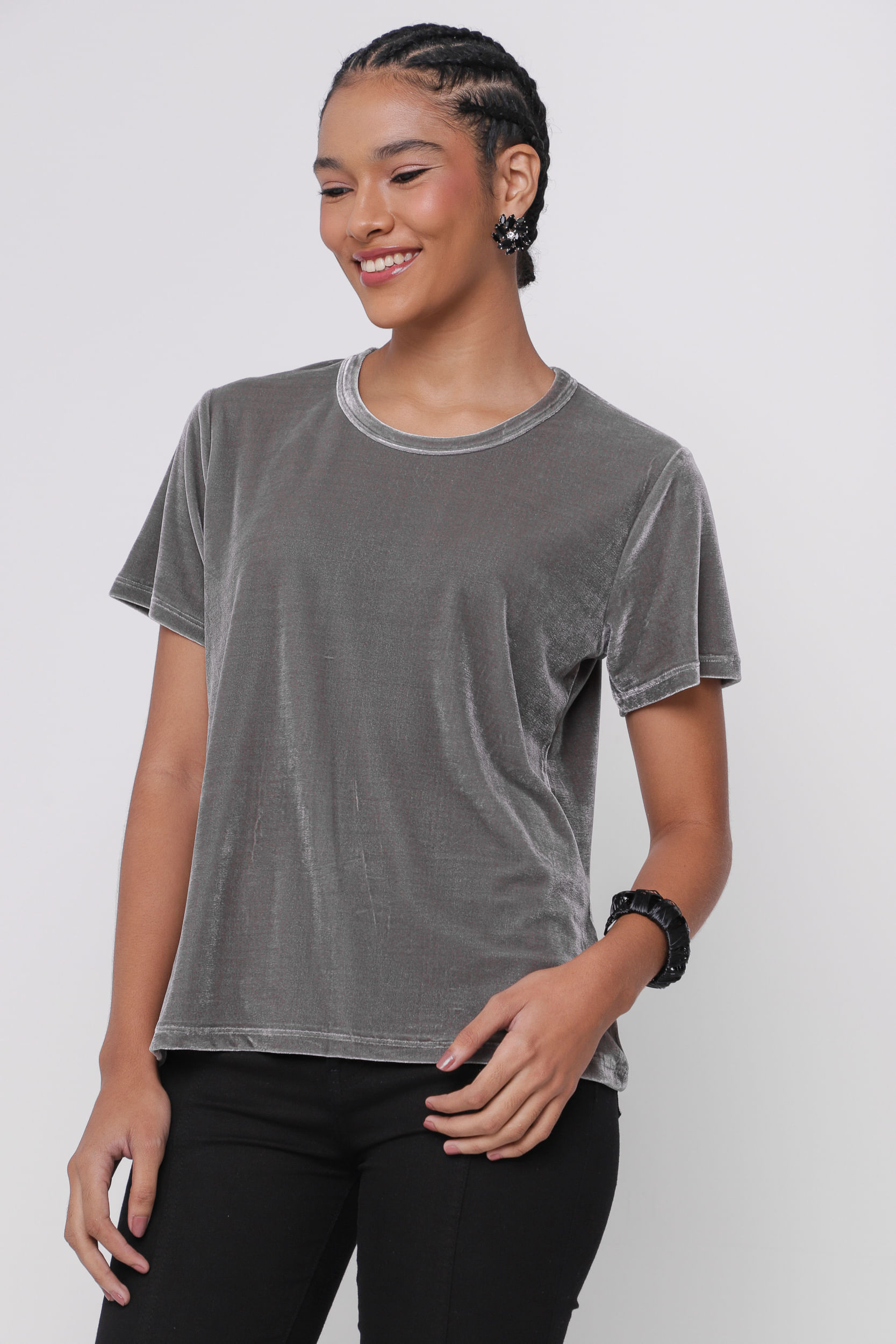 9035279 - Blusa Básica em Veludo CINZA 9035279 - Blusa Básica em Veludo CINZA