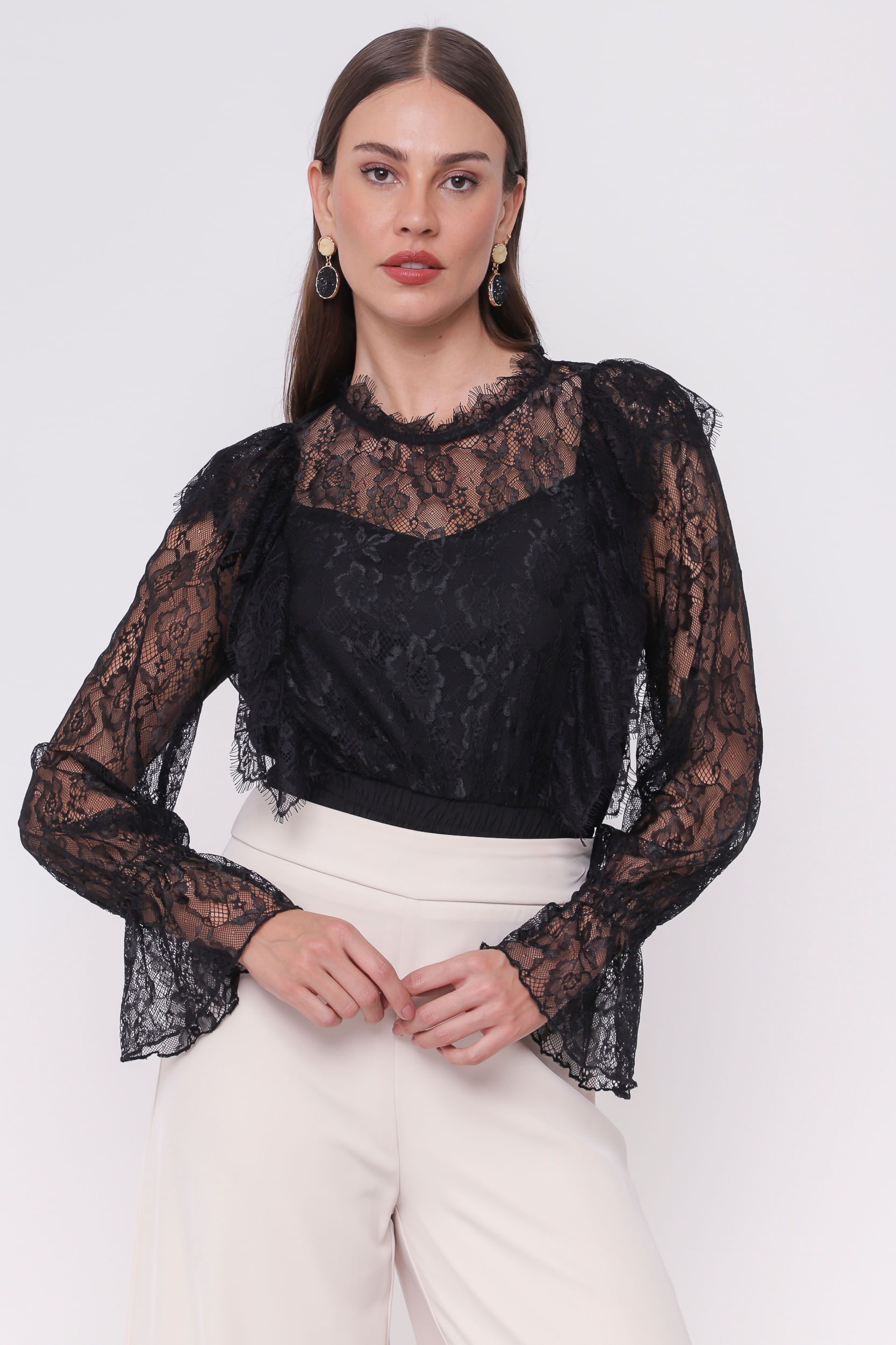 9035140 - Blusa Rendas Barra Lastex  PRETO