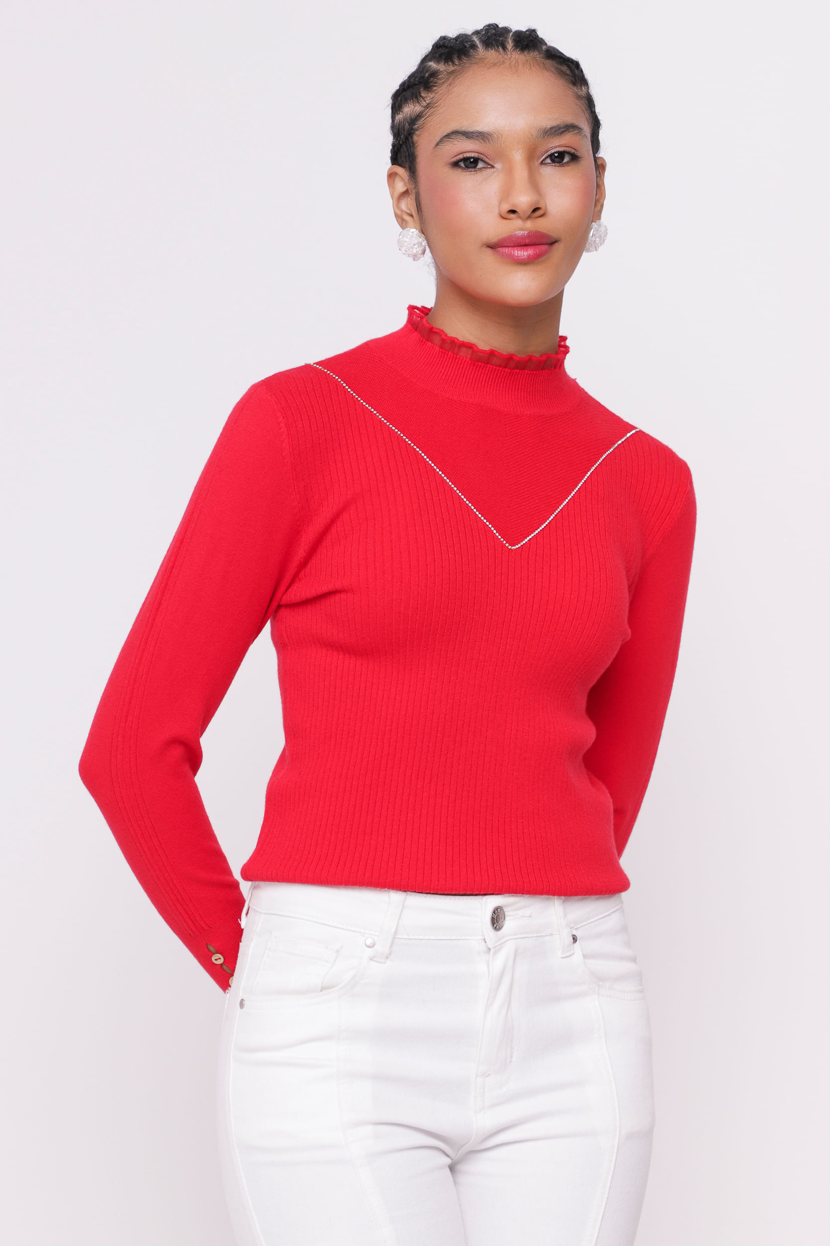 9035018 - Blusa Tricô Strass em V  VERMELHO
