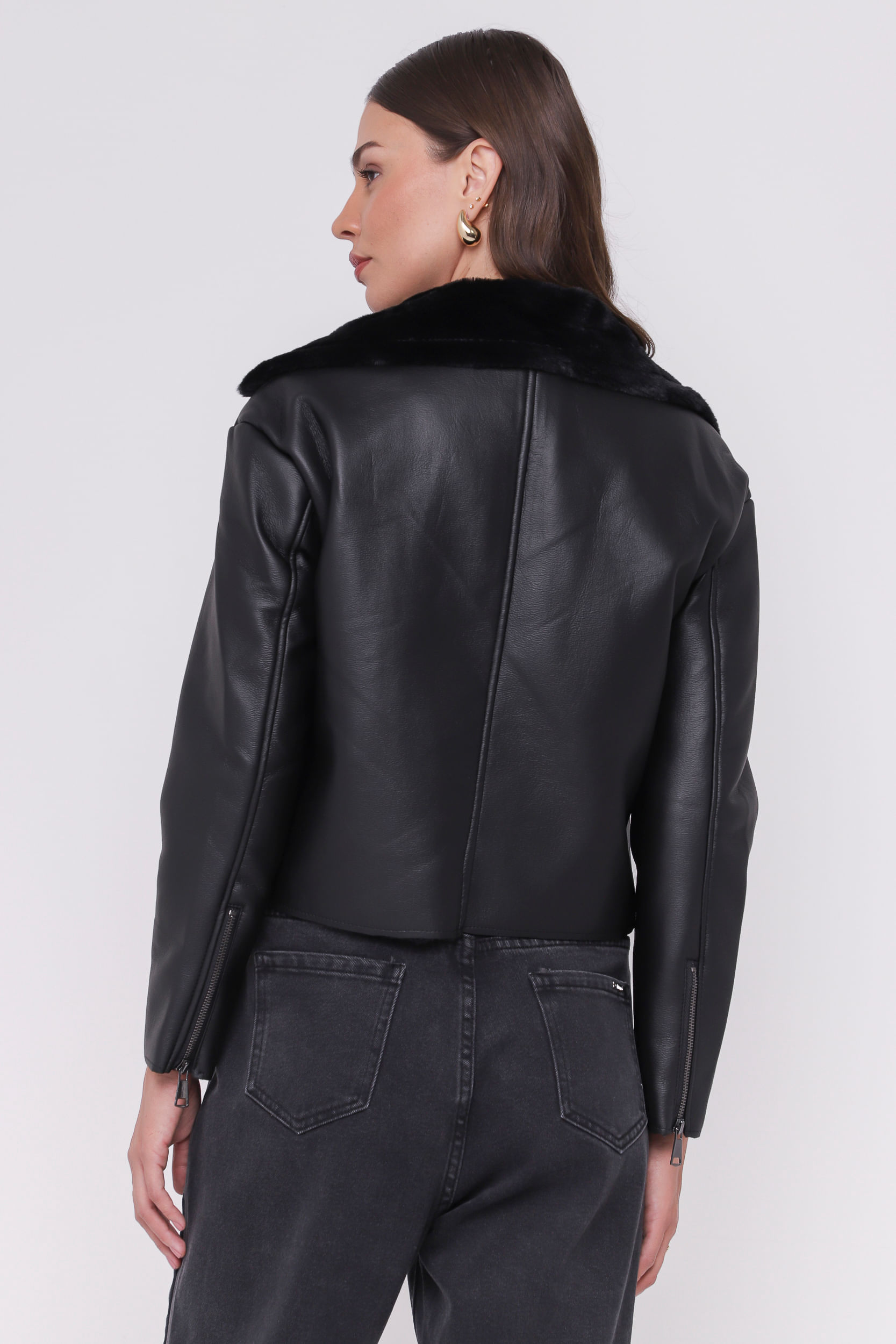 9035163 - Jaqueta Biker em PU com Detalhes em Pelo Sintético PRETO 9035163 - Jaqueta Biker em PU com Detalhes em Pelo Sintético PRETO