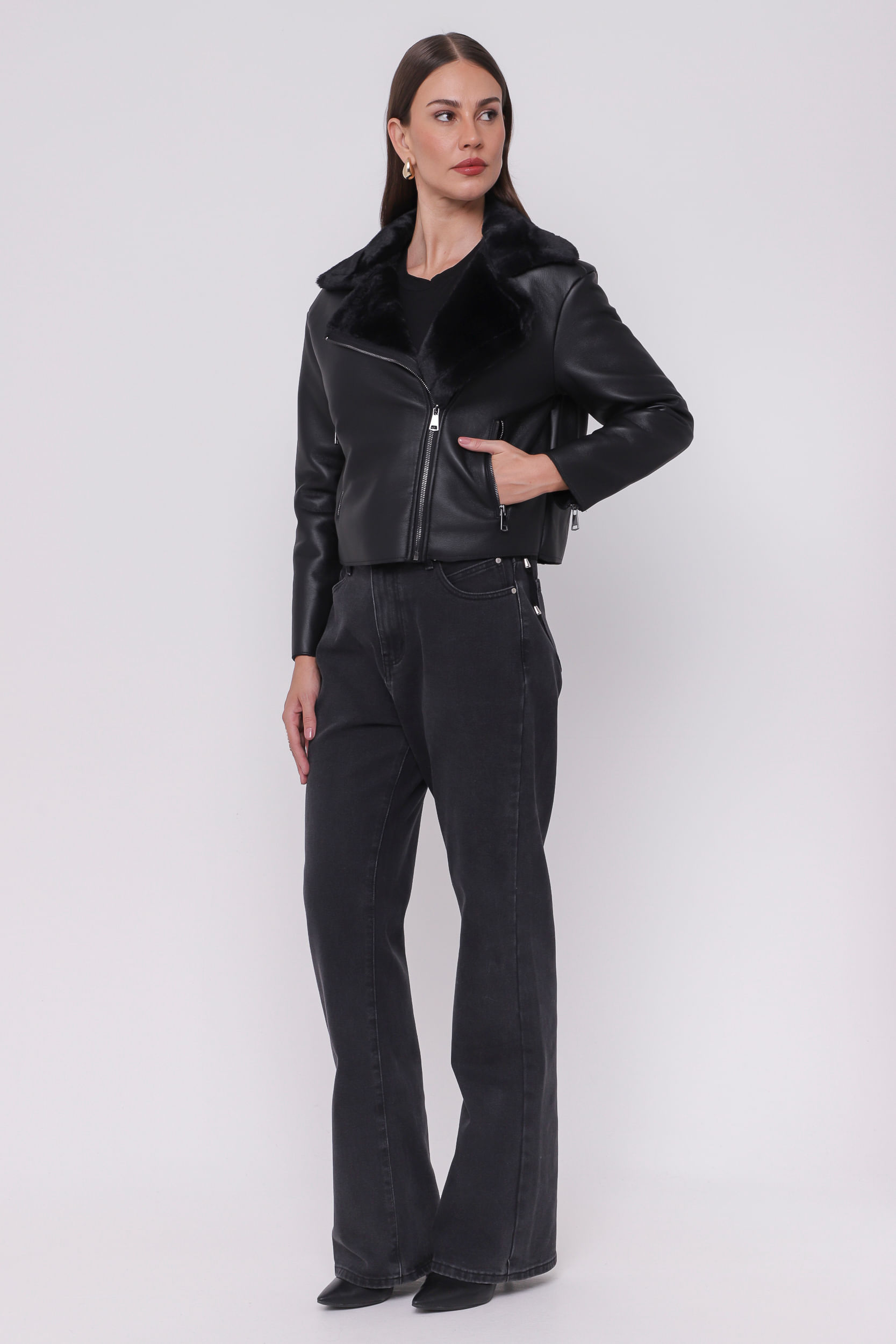 9035163 - Jaqueta Biker em PU com Detalhes em Pelo Sintético PRETO 9035163 - Jaqueta Biker em PU com Detalhes em Pelo Sintético PRETO