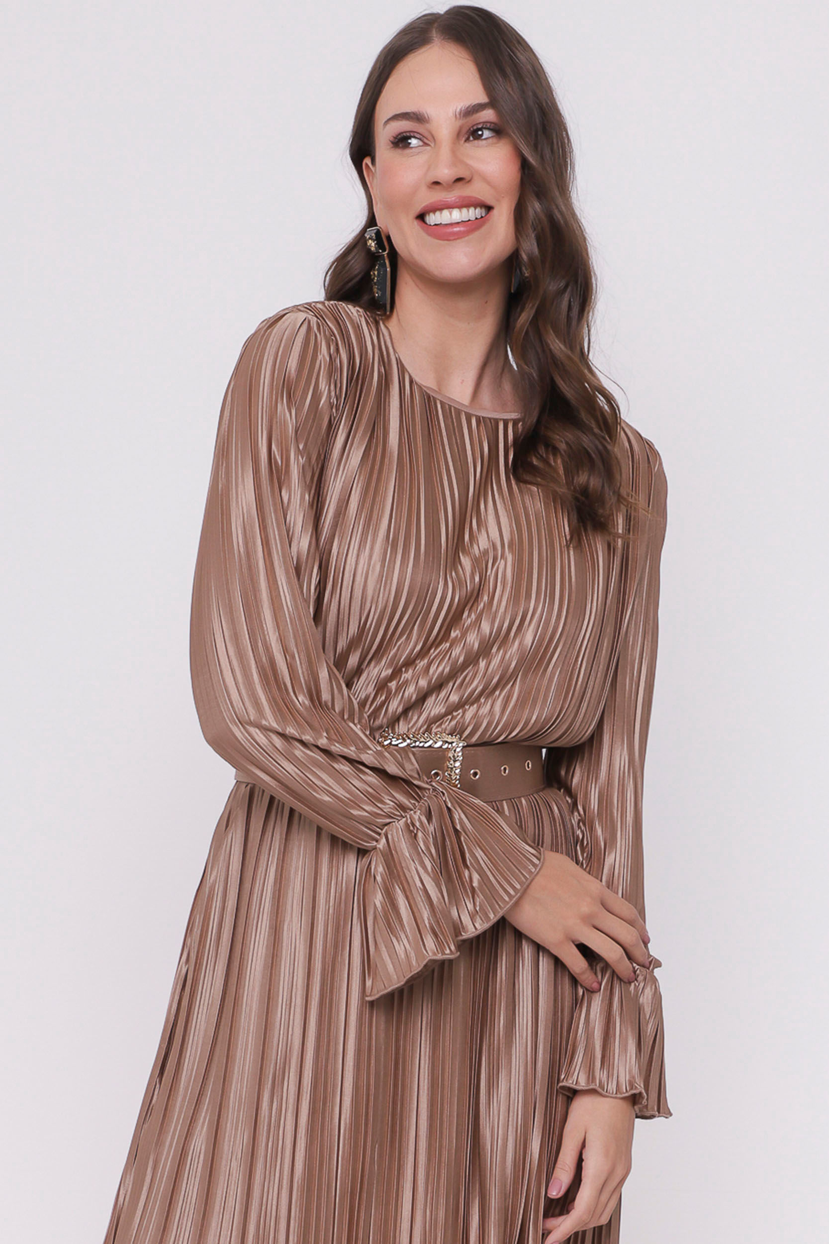 Vestido Plissado Metalizado  MARROM