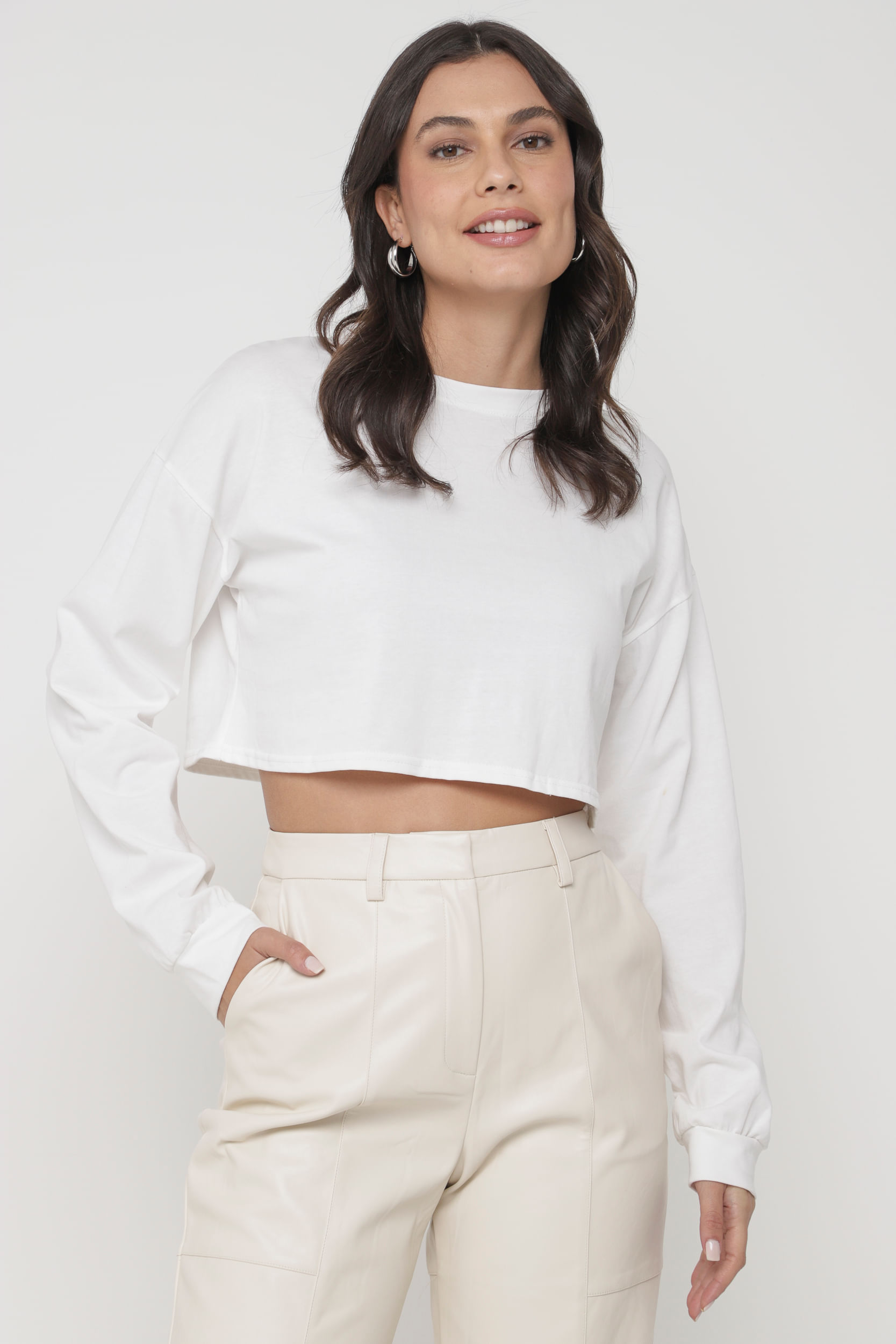 9034041 - Blusa Cropped de Manga Longa  OFF-WHITE