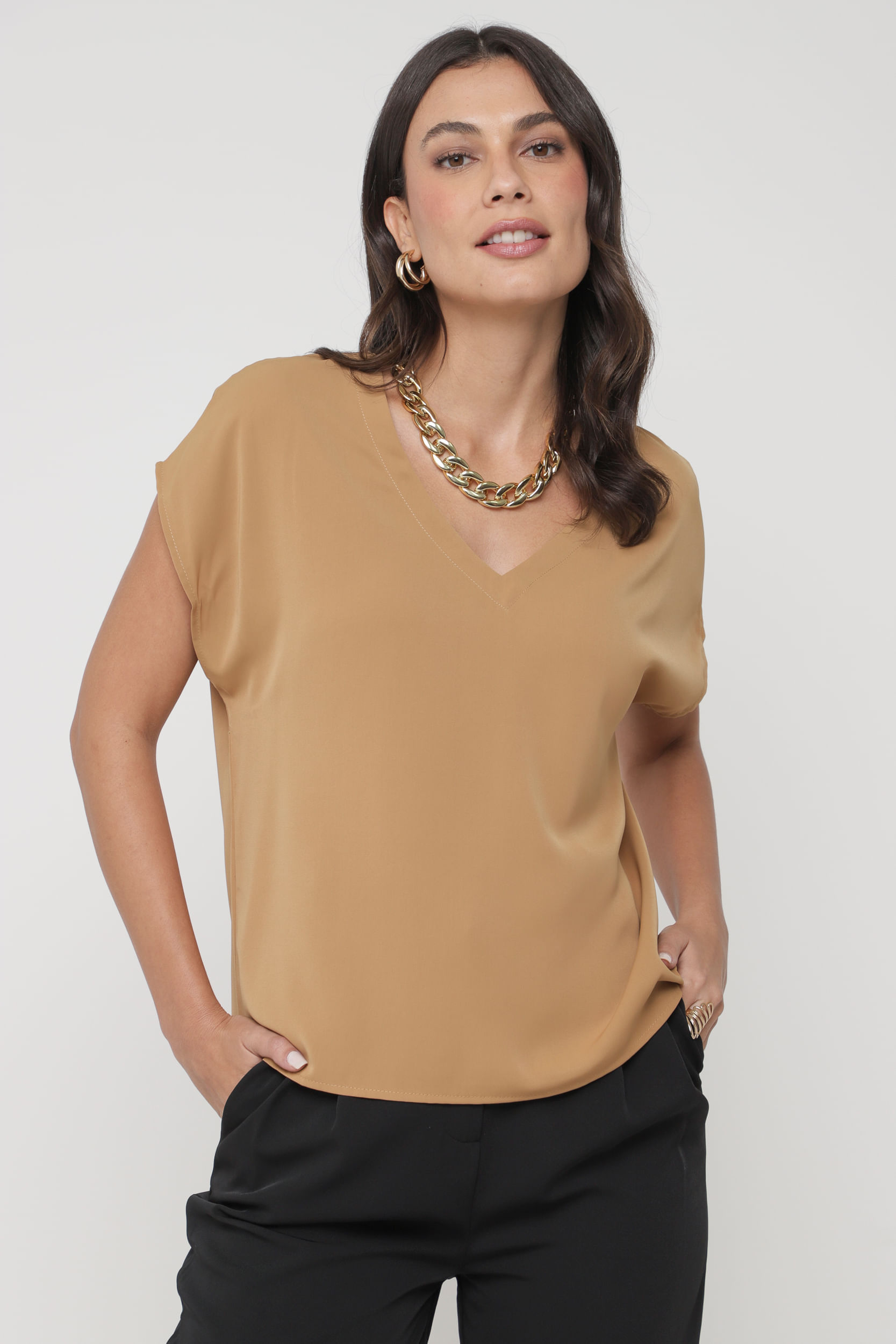 9035136 - Blusa Decote V Colar MARROM 9035136 - Blusa Decote V Colar MARROM