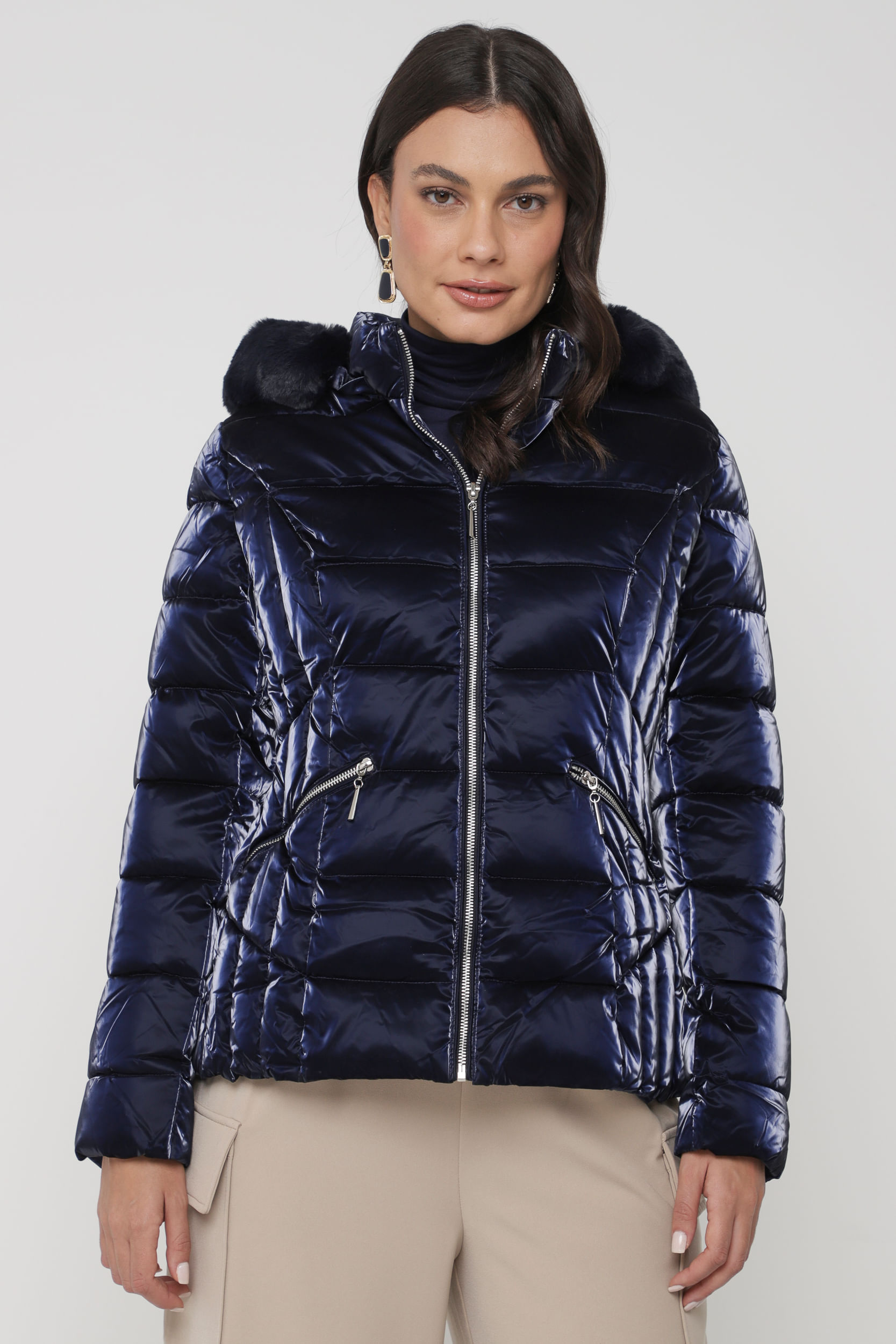 Jaqueta Puffer Acetinado Capuz  MARINHO 