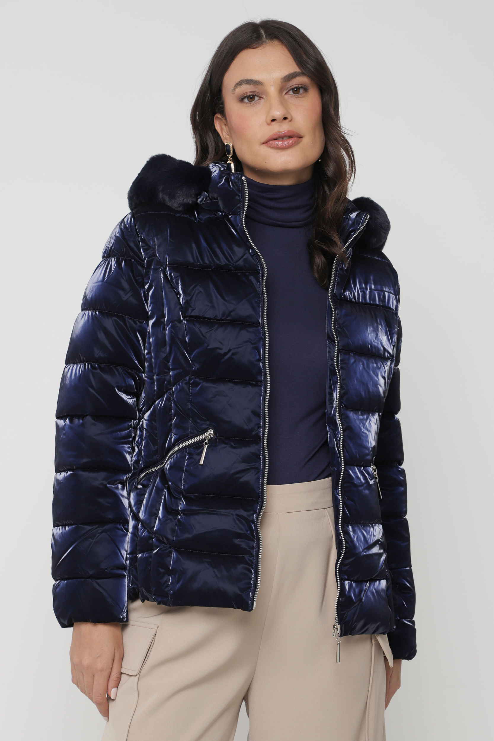 Jaqueta Puffer Acetinado Capuz MARINHO Jaqueta Puffer Acetinado Capuz MARINHO