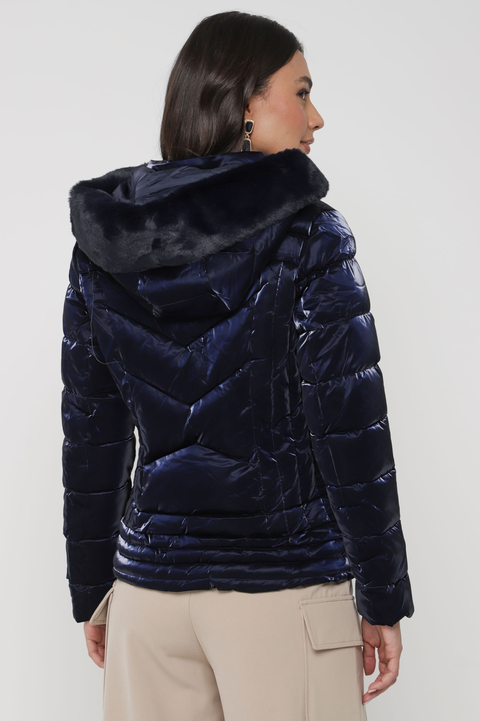 Jaqueta Puffer Acetinado Capuz MARINHO Jaqueta Puffer Acetinado Capuz MARINHO