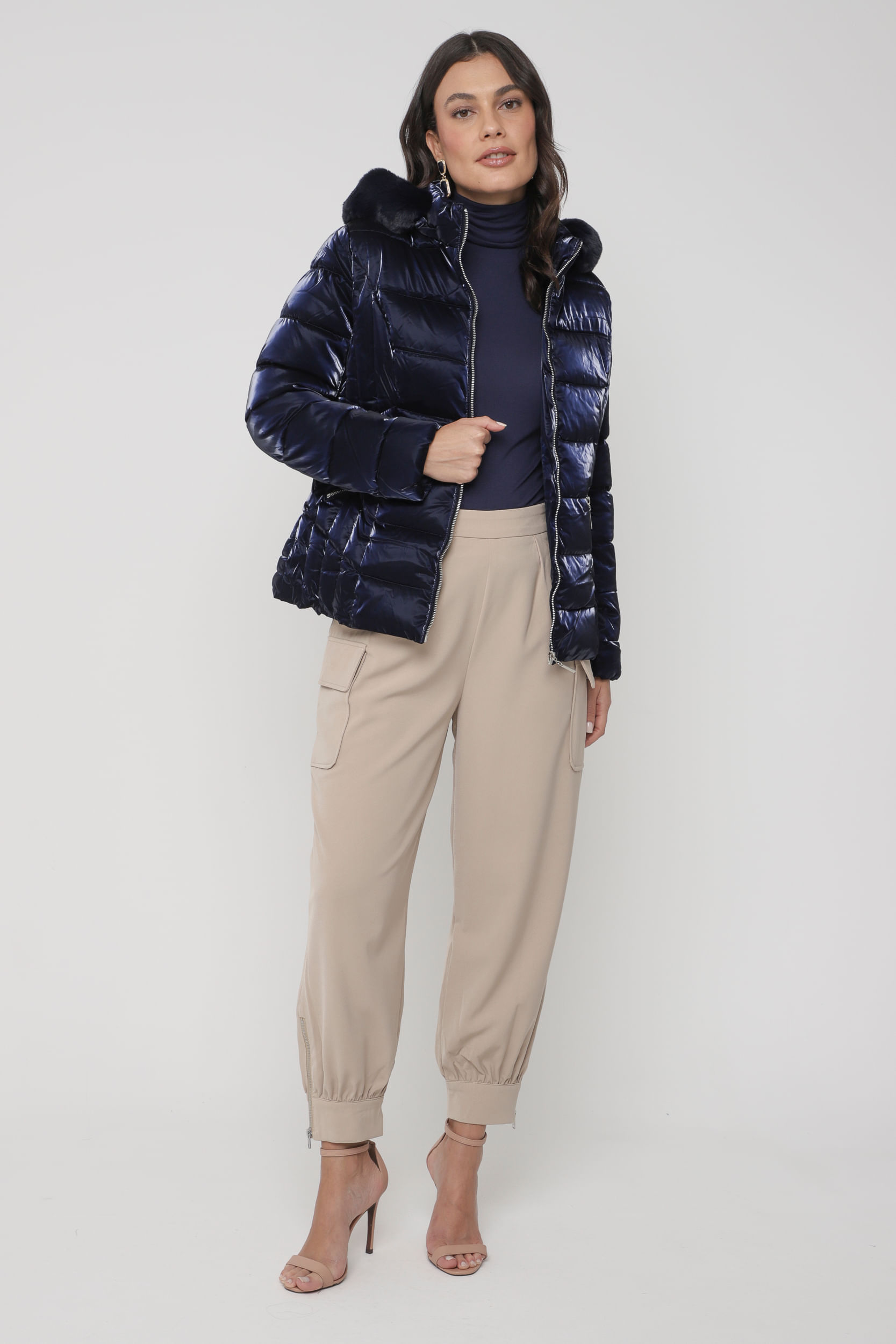 Jaqueta Puffer Acetinado Capuz MARINHO Jaqueta Puffer Acetinado Capuz MARINHO