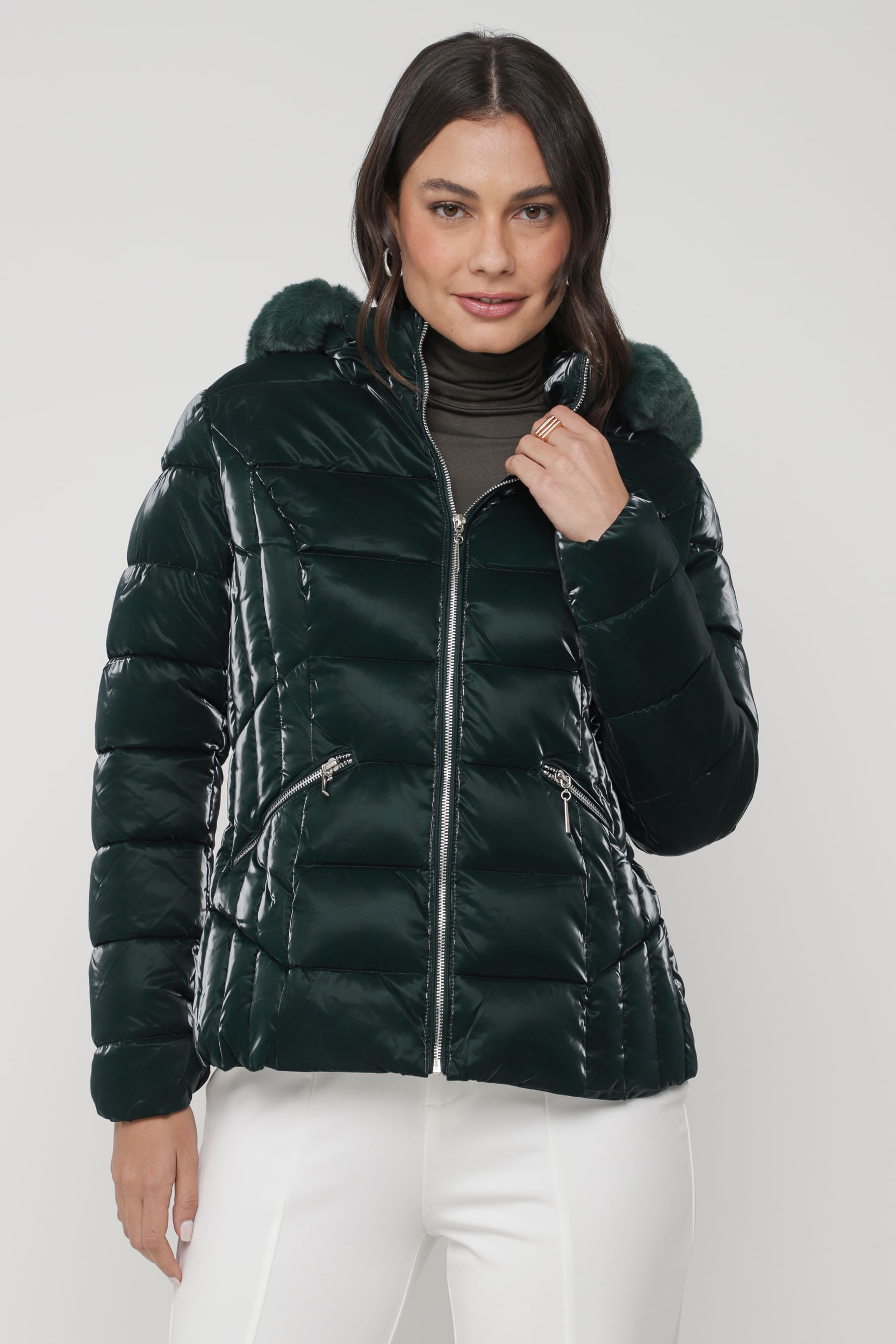 Jaqueta Puffer Acetinado Capuz  VERDE 