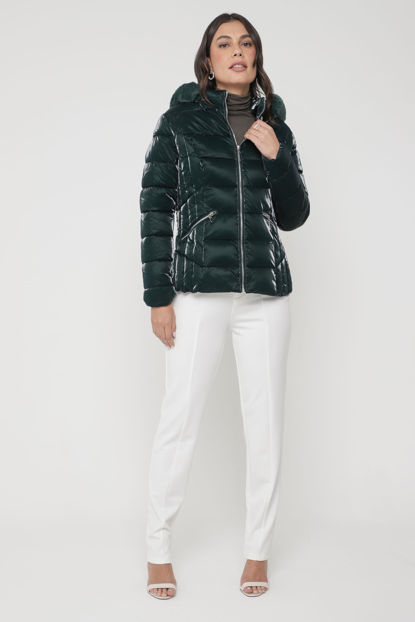 Jaqueta Puffer Acetinado Capuz  VERDE 