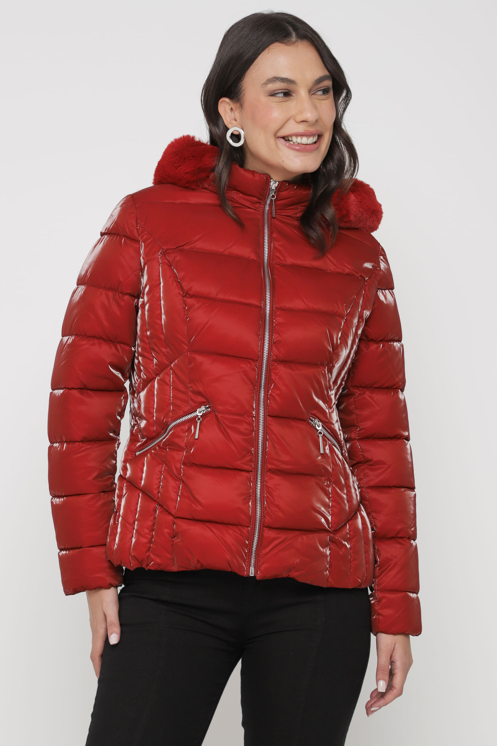 Jaqueta Puffer Acetinado Capuz  VINHO