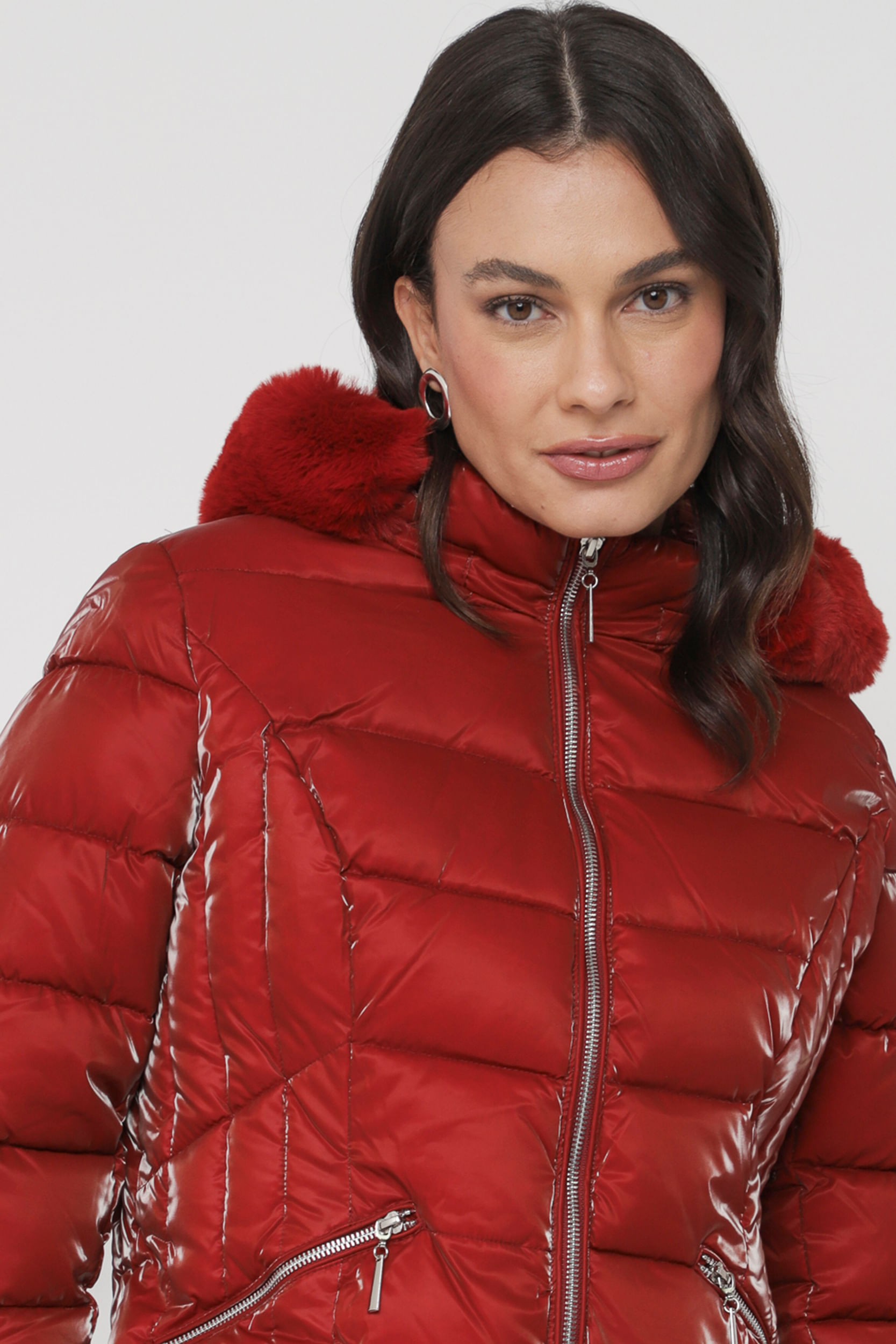 Jaqueta Puffer Acetinado Capuz VINHO Jaqueta Puffer Acetinado Capuz VINHO