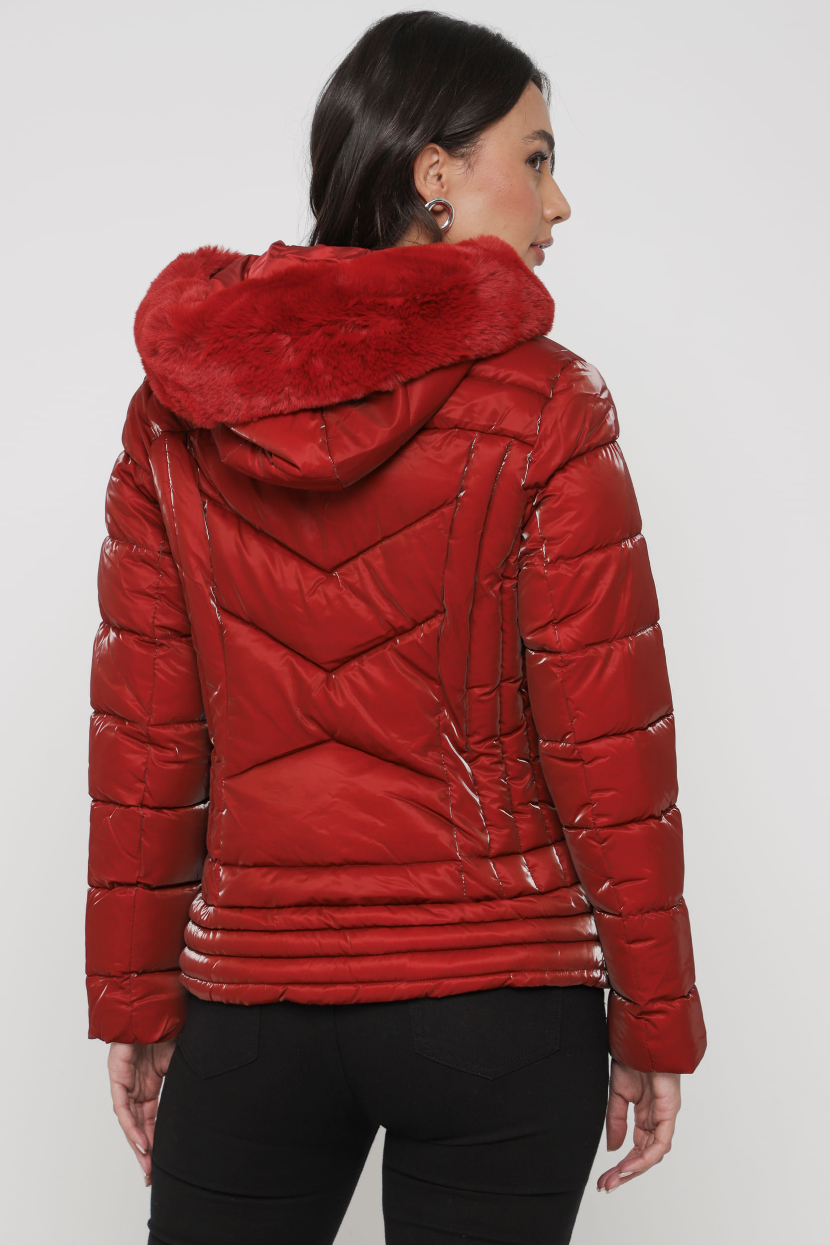 Jaqueta Puffer Acetinado Capuz VINHO Jaqueta Puffer Acetinado Capuz VINHO
