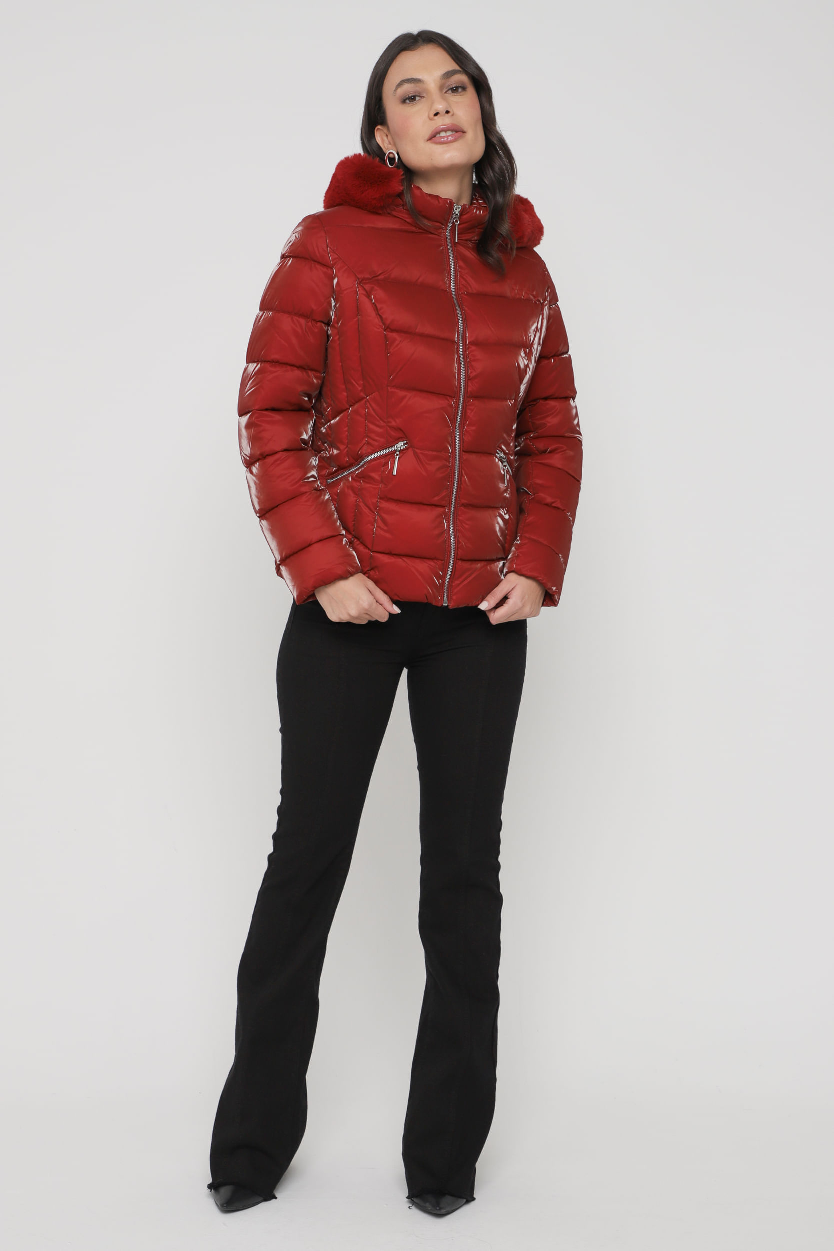Jaqueta Puffer Acetinado Capuz VINHO Jaqueta Puffer Acetinado Capuz VINHO