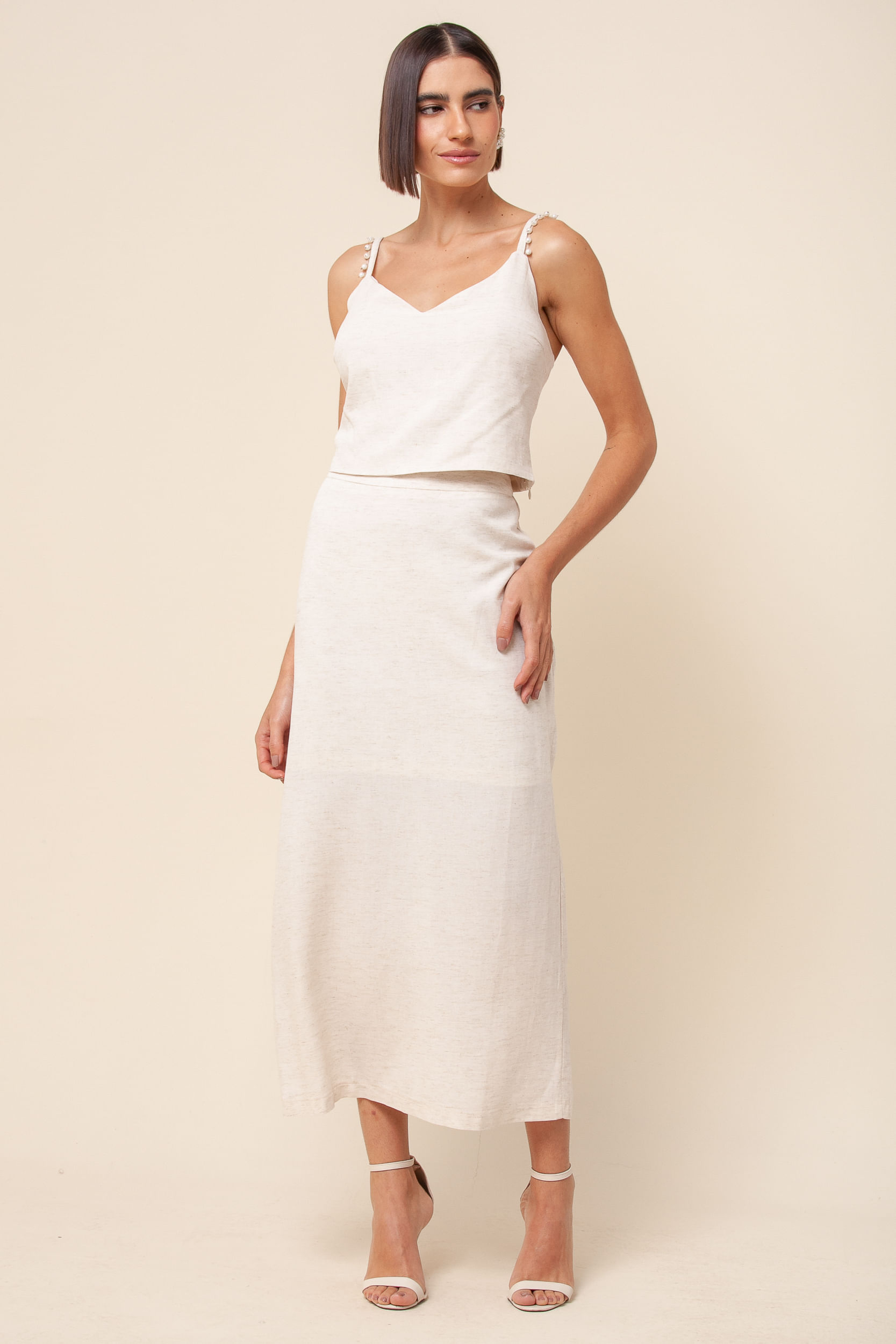 Regata Cropped Detalhe Pérolas Viscolinho OFF-WHITE Regata Cropped Detalhe Pérolas Viscolinho OFF-WHITE