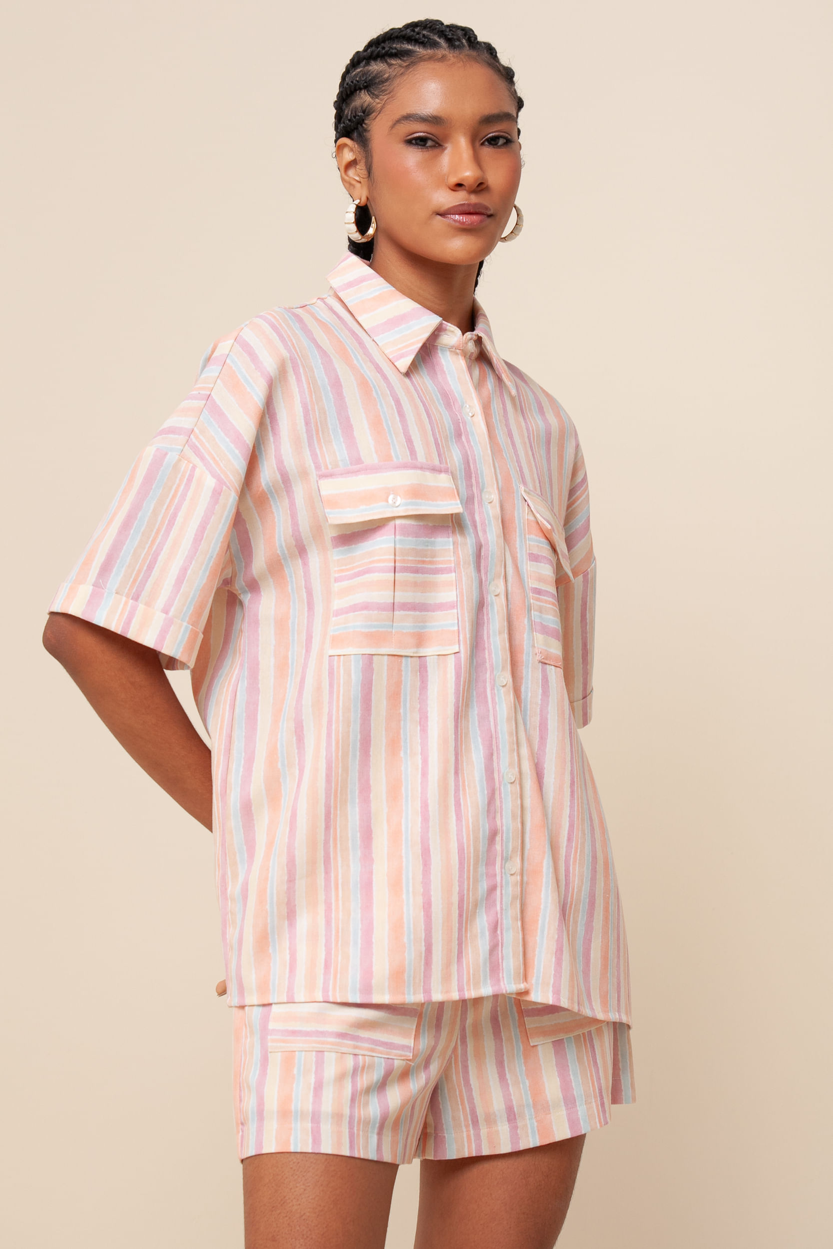 Camisa Viscolinho Listras Colors MULTICOLOR Camisa Viscolinho Listras Colors MULTICOLOR